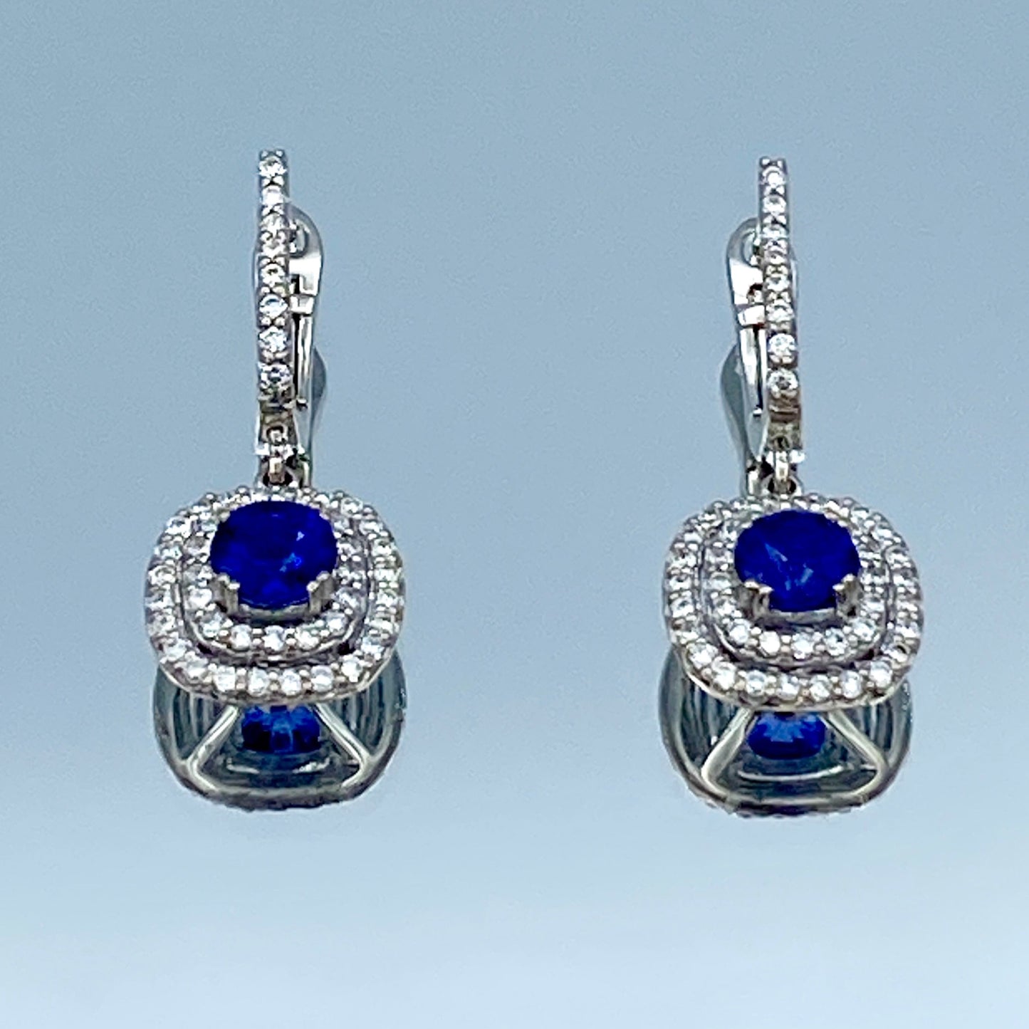 Blue Sapphire Leverback Drop Earrings with Double Diamond Halo in 18K White Gold - L and L Jewelry