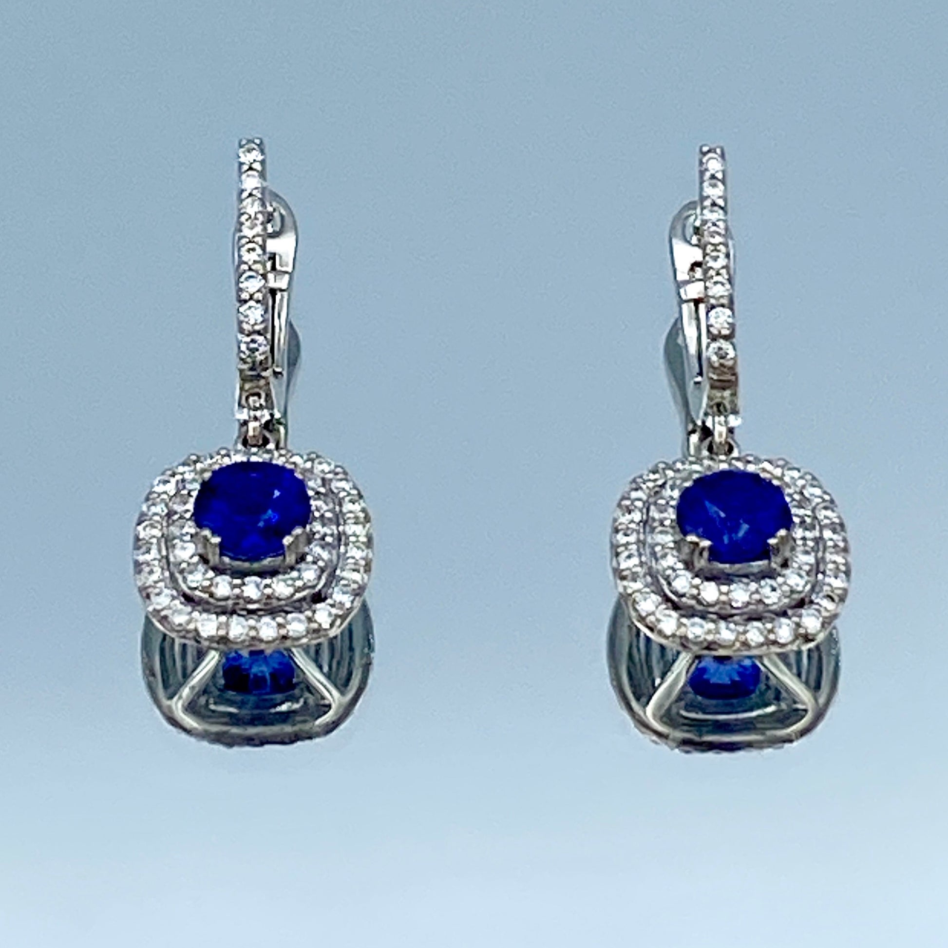 Blue Sapphire Leverback Drop Earrings with Double Diamond Halo in 18K White Gold - L and L Jewelry