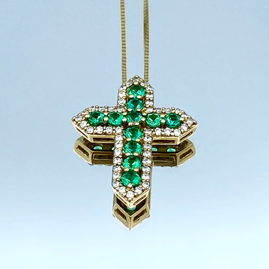 Emerald and Diamond Cross Pendant Necklace in 14K Yellow Gold - L and L Jewelry