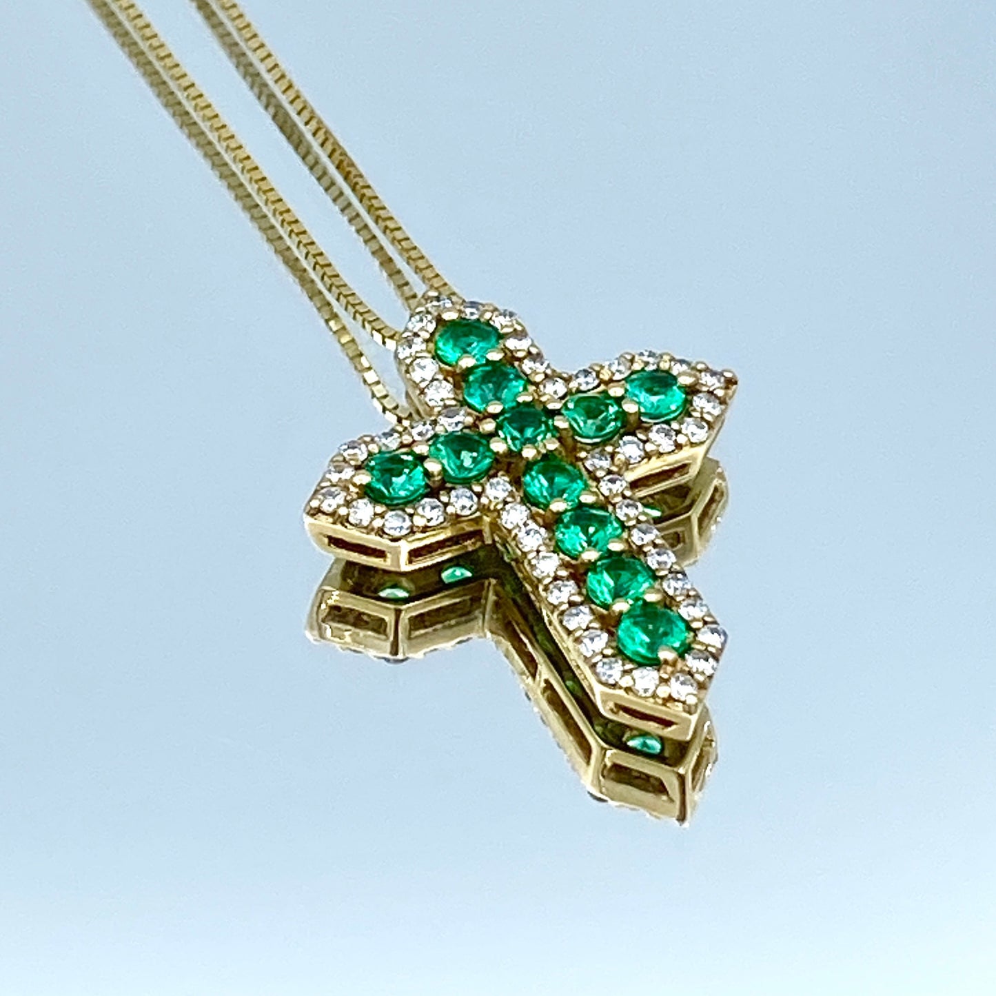 Emerald and Diamond Cross Pendant Necklace in 14K Yellow Gold - L and L Jewelry
