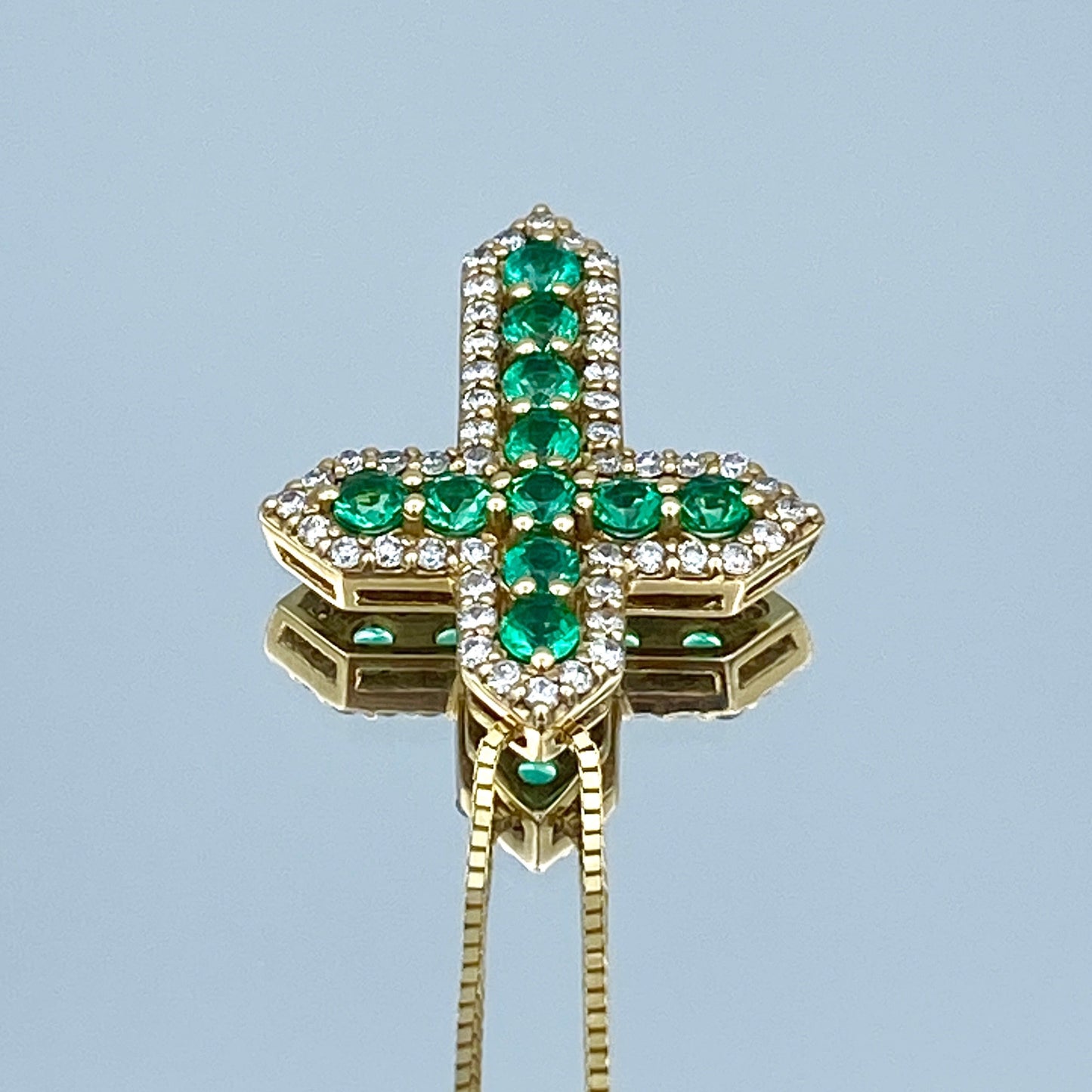 Emerald and Diamond Cross Pendant Necklace in 14K Yellow Gold - L and L Jewelry