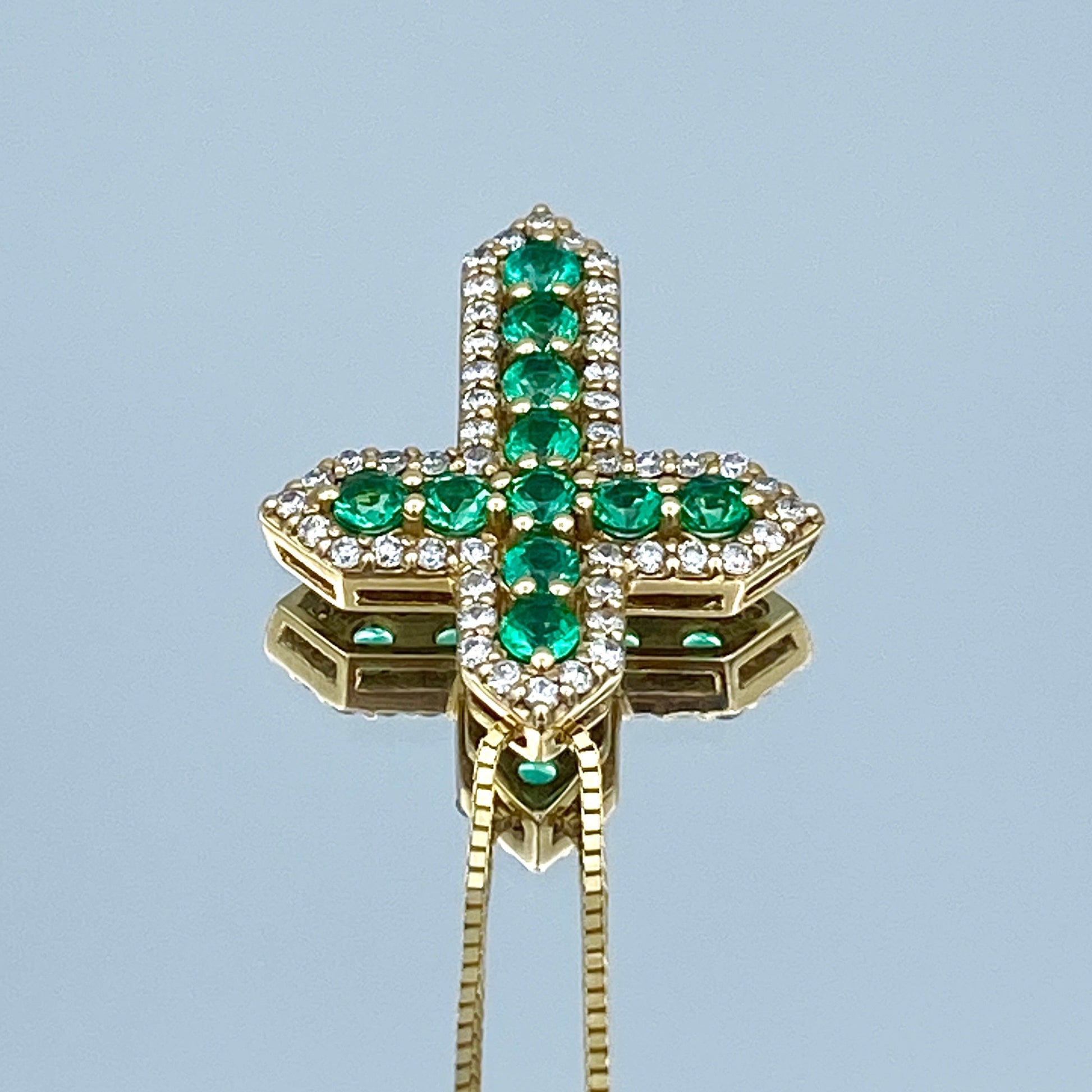 Emerald and Diamond Cross Pendant Necklace in 14K Yellow Gold - L and L Jewelry