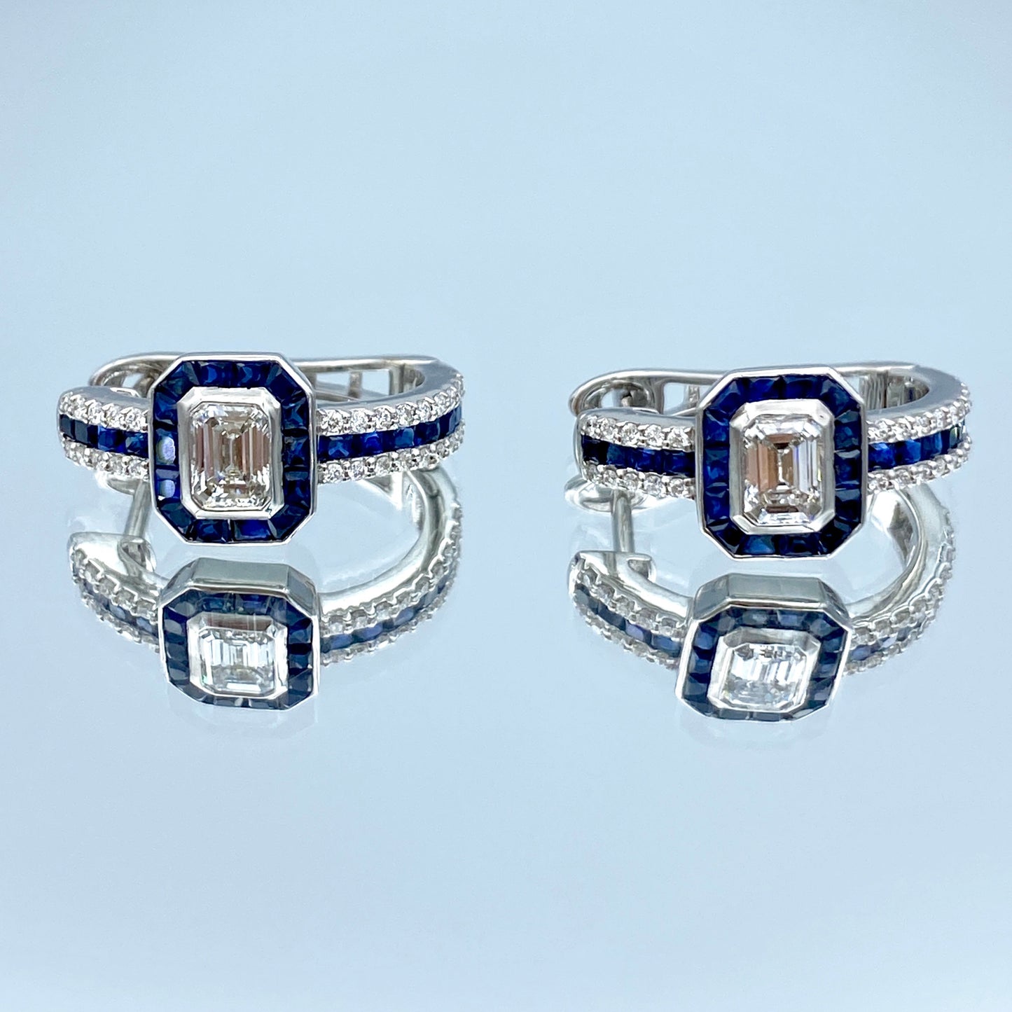 Diamond and Blue Sapphire Halo Lever back Earrings in 14K White Gold - L and L Jewelry