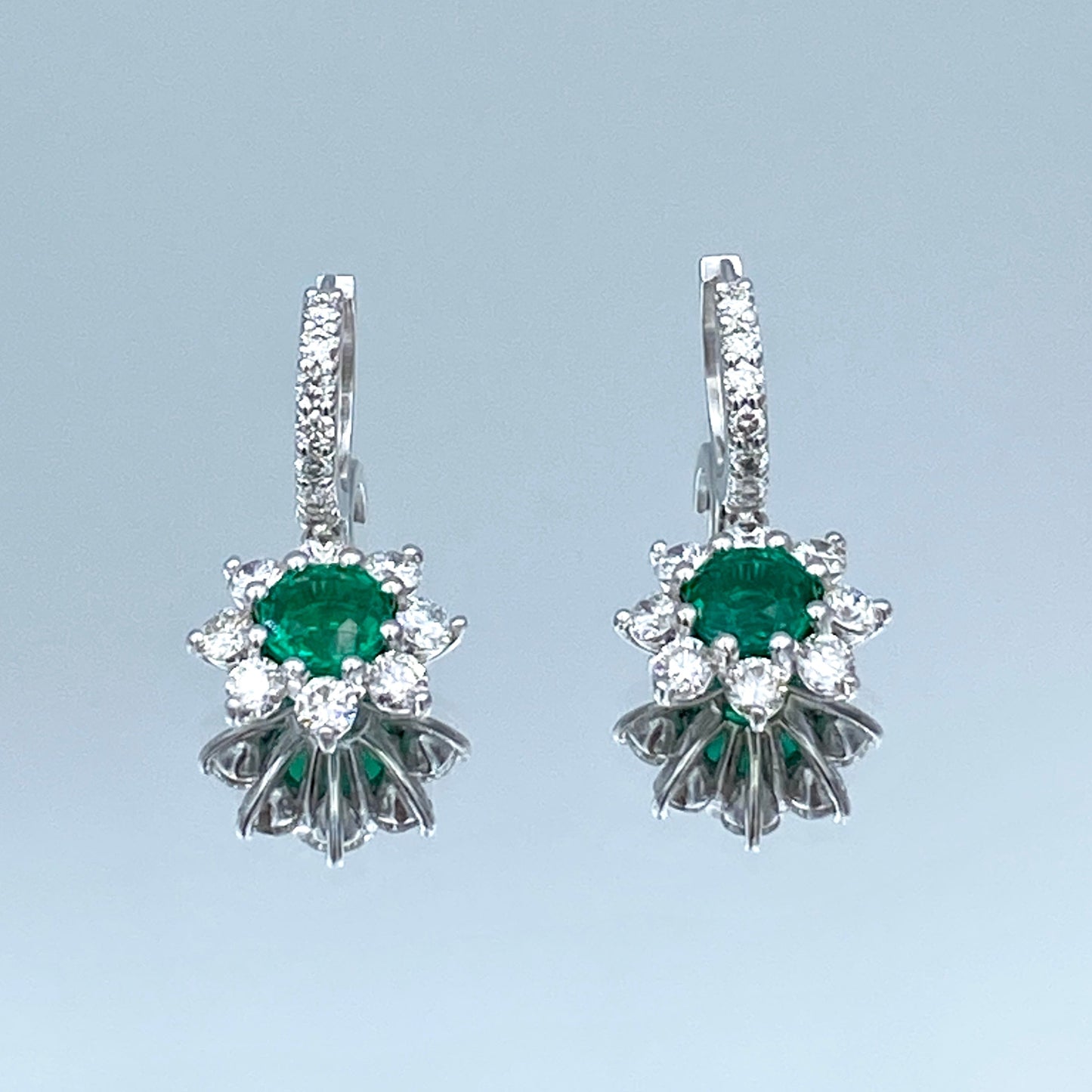 Floral Design Emerald and Diamond Leverback Drop Earrings in 14K White Gold - L and L Jewelry