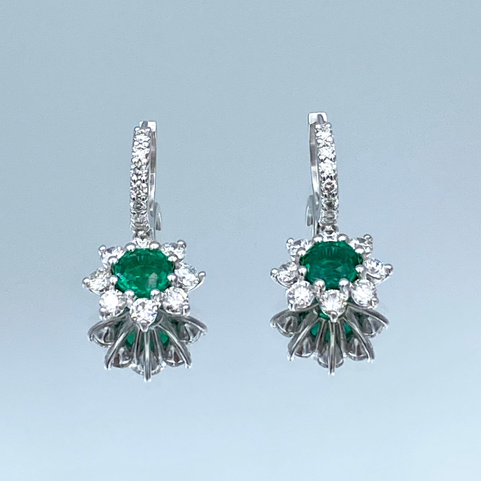 Floral Design Emerald and Diamond Leverback Drop Earrings in 14K White Gold - L and L Jewelry