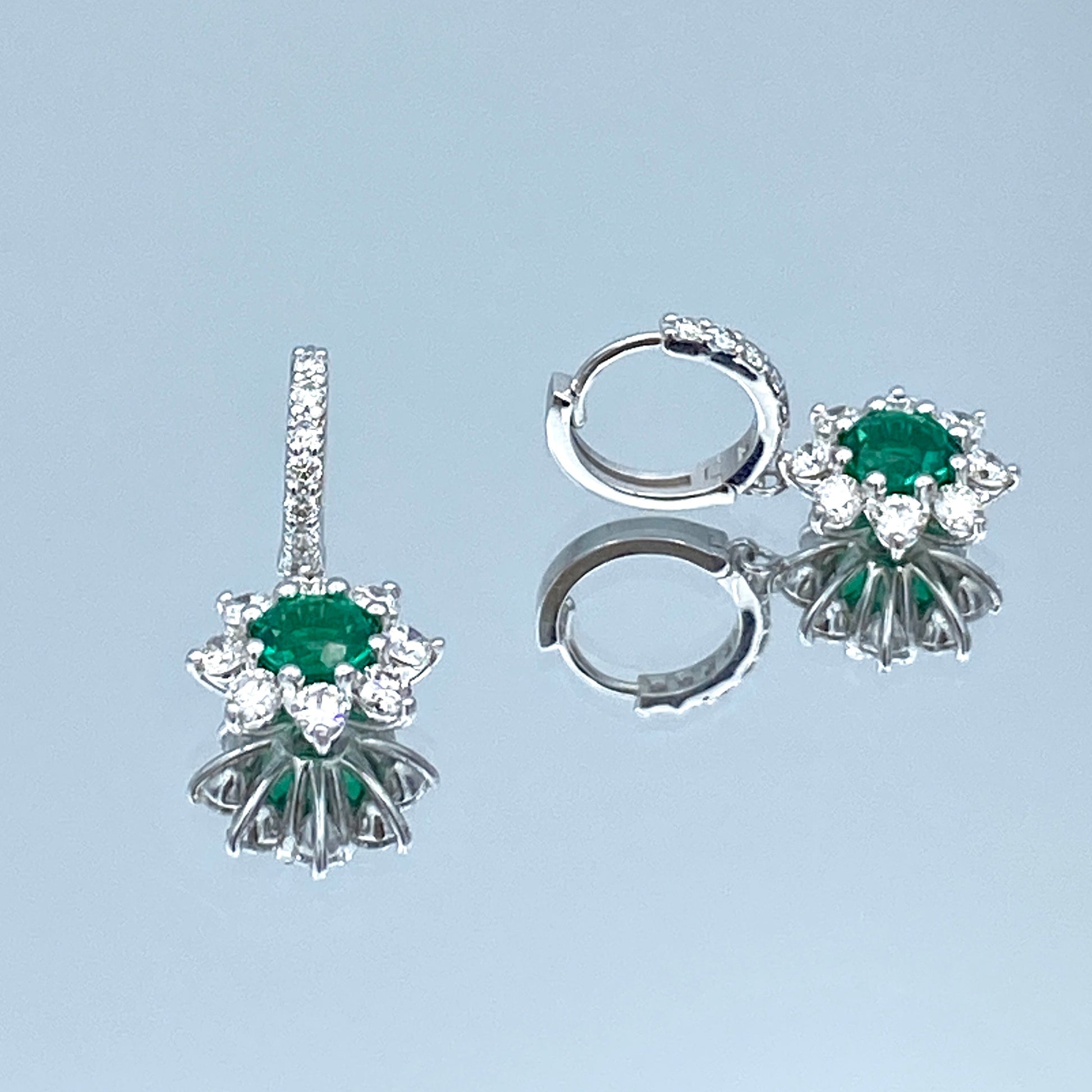 Floral Design Emerald and Diamond Leverback Drop Earrings in 14K White Gold - L and L Jewelry