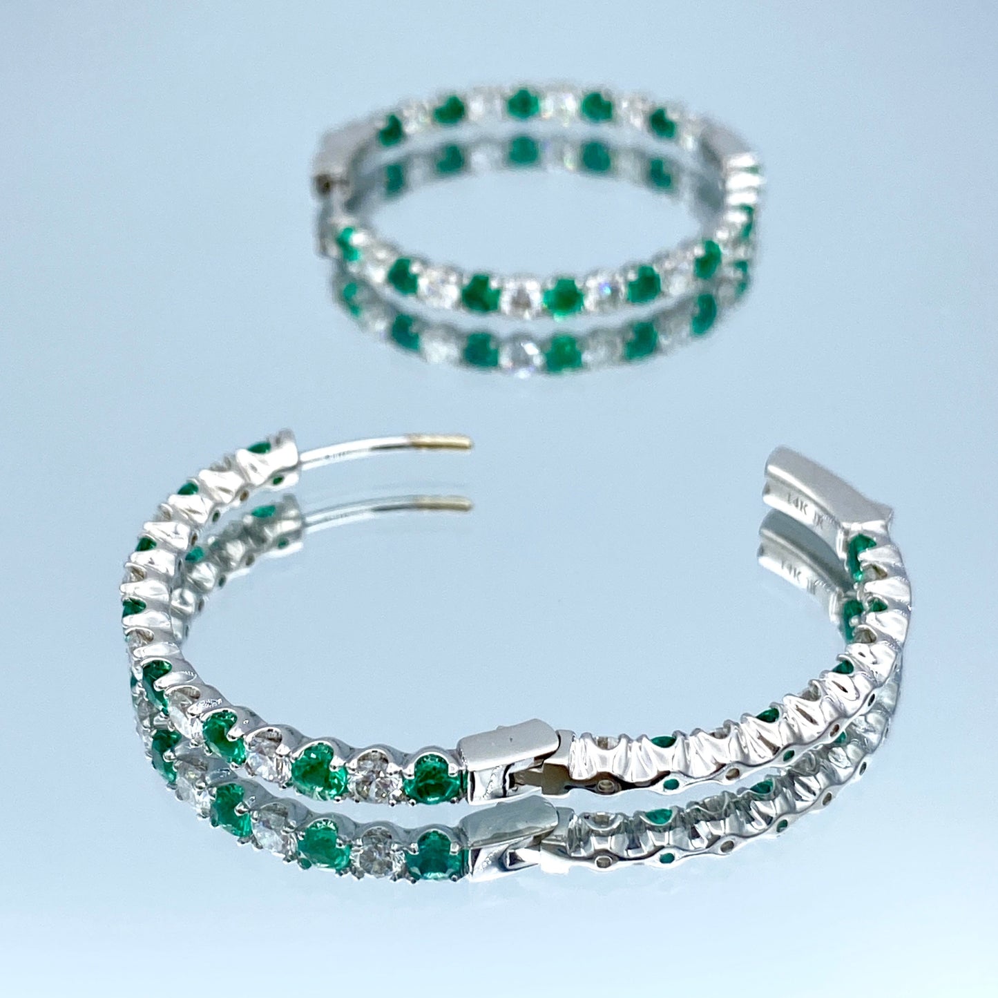 Inside-Out Alternating Emerald and Diamond Hoop Earrings in 14K White Gold - L and L Jewelry