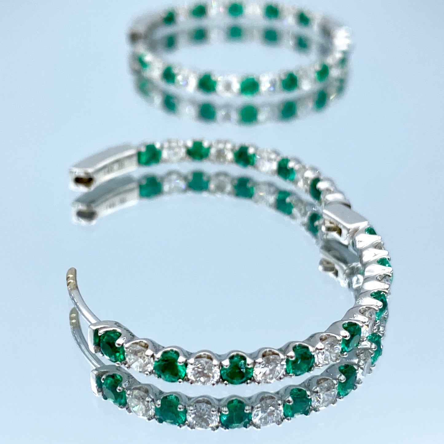 Inside-Out Alternating Emerald and Diamond Hoop Earrings in 14K White Gold - L and L Jewelry