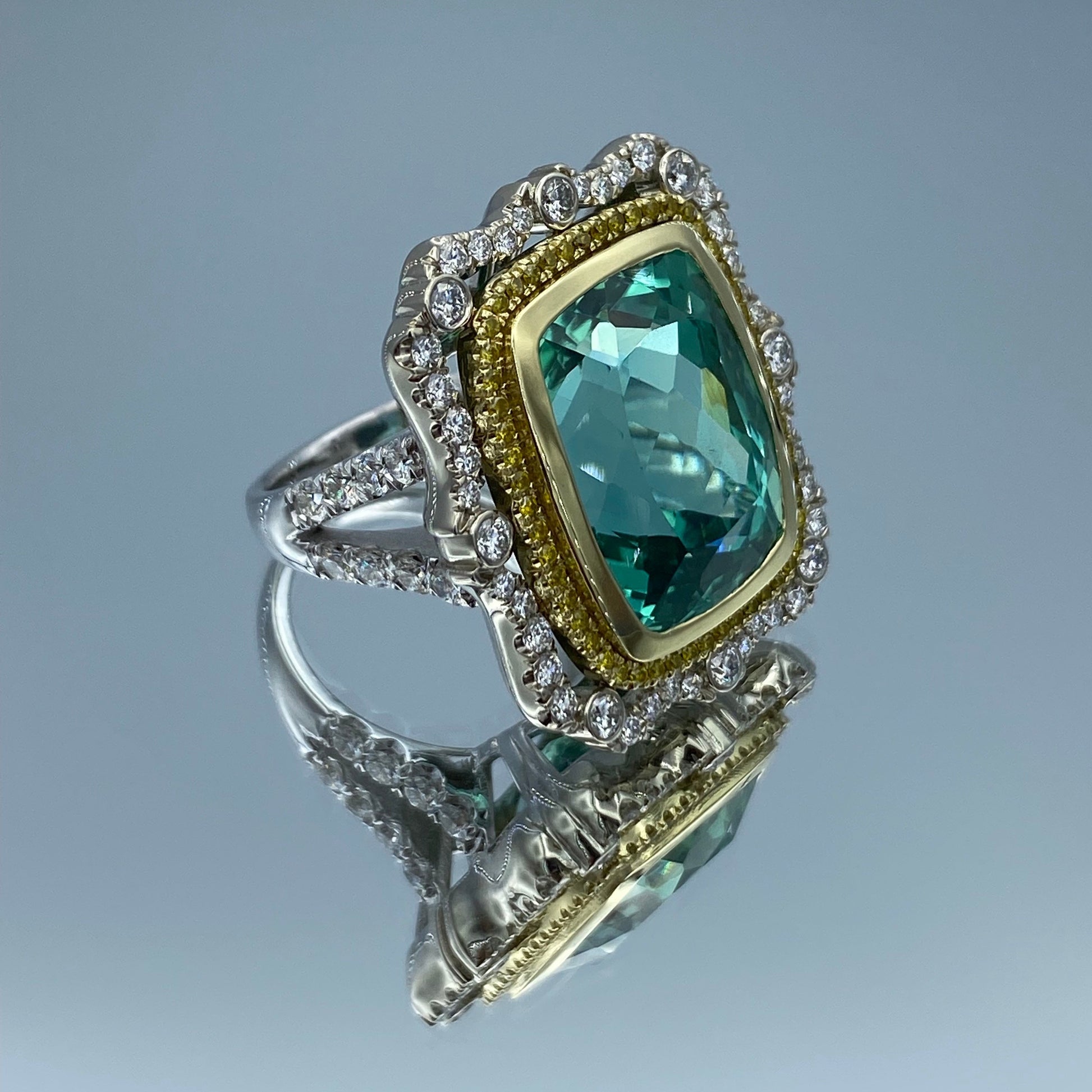 Green Cushion-Cut Kunzite and Round-Cut Diamond Statement Ring in 18K Yellow and 14K White Gold - L and L Jewelry