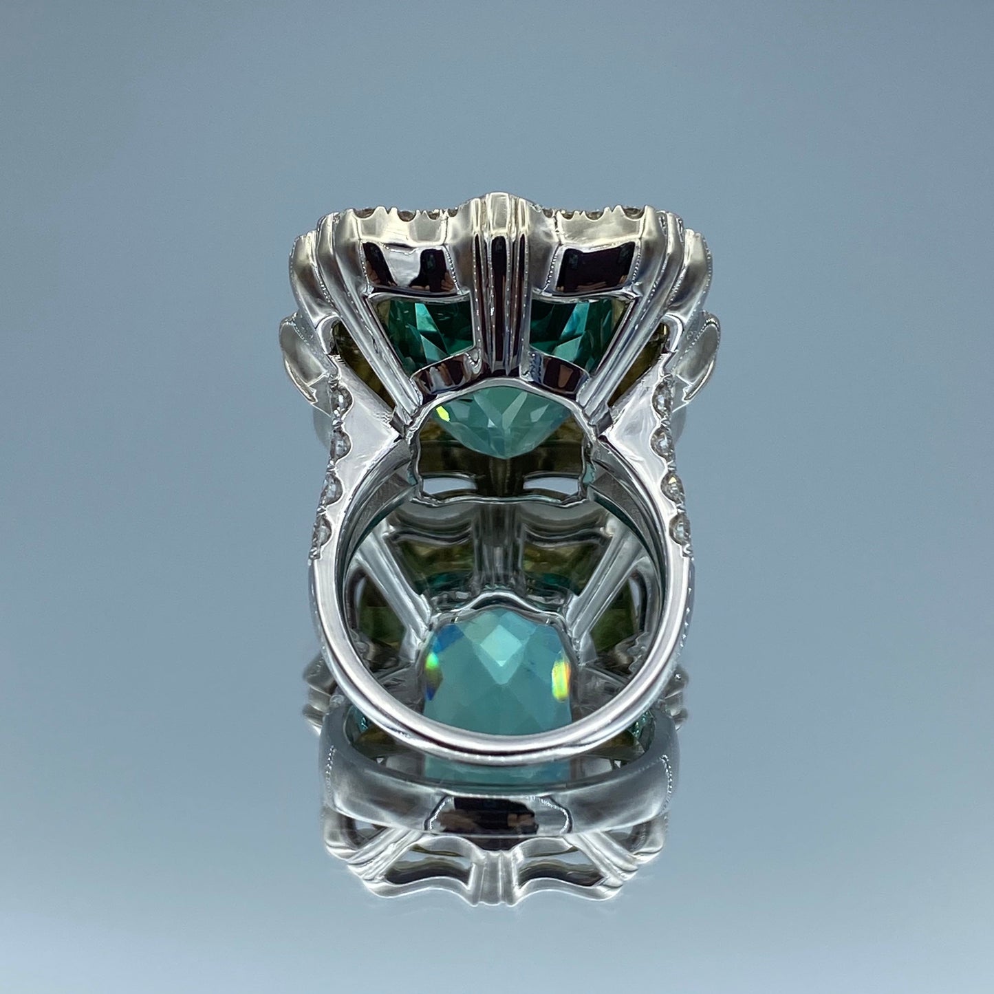 Green Cushion-Cut Kunzite and Round-Cut Diamond Statement Ring in 18K Yellow and 14K White Gold - L and L Jewelry