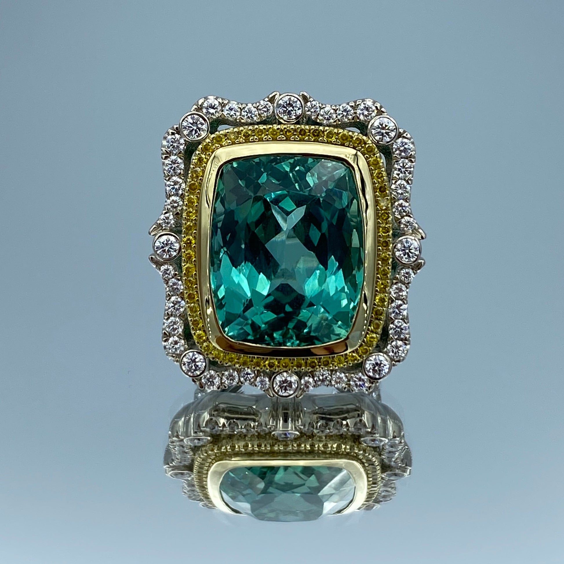 Green Cushion-Cut Kunzite and Round-Cut Diamond Statement Ring in 18K Yellow and 14K White Gold - L and L Jewelry