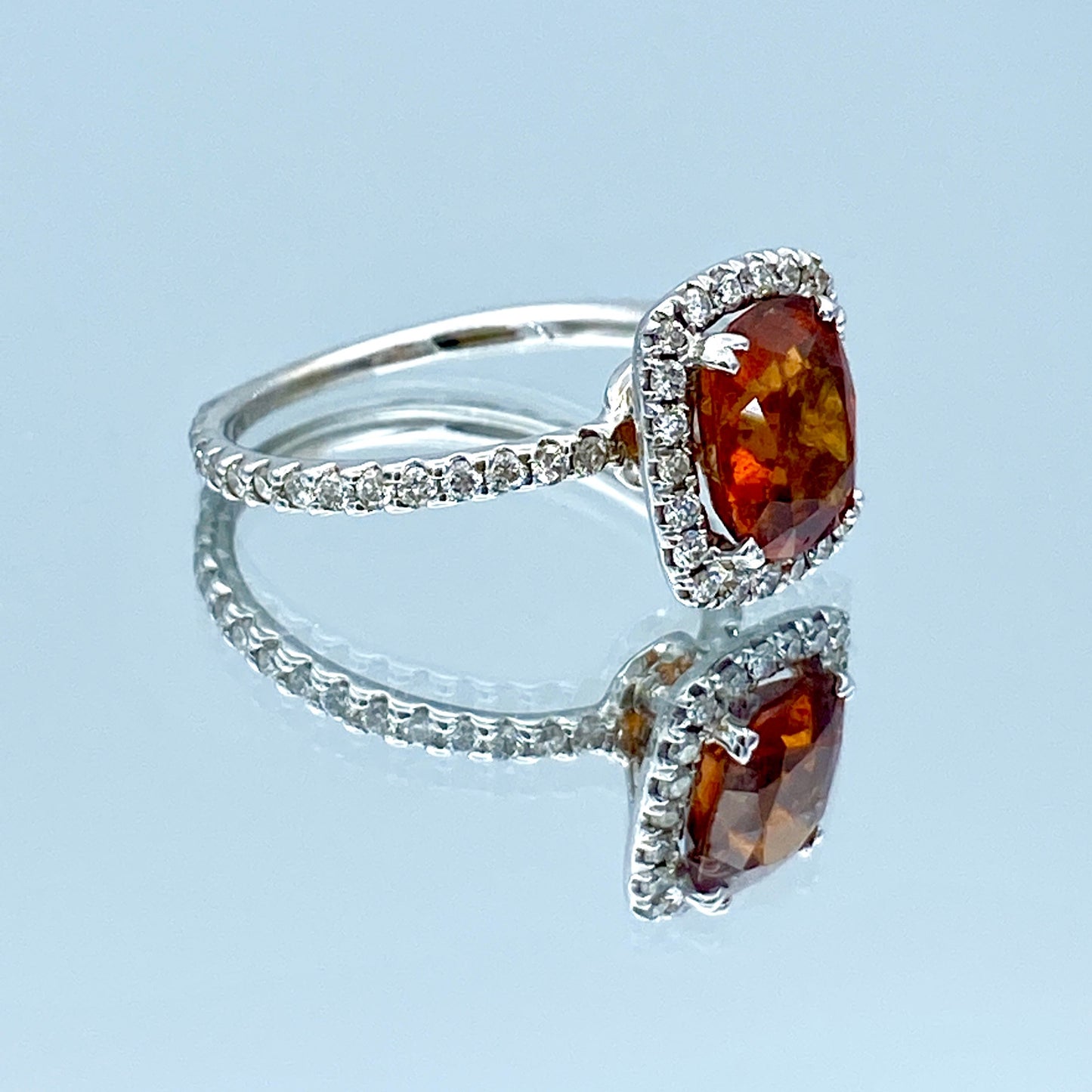 Cushion-Cut Orange Citrine Ring with Diamond Halo in 14K White Gold - L and L Jewelry