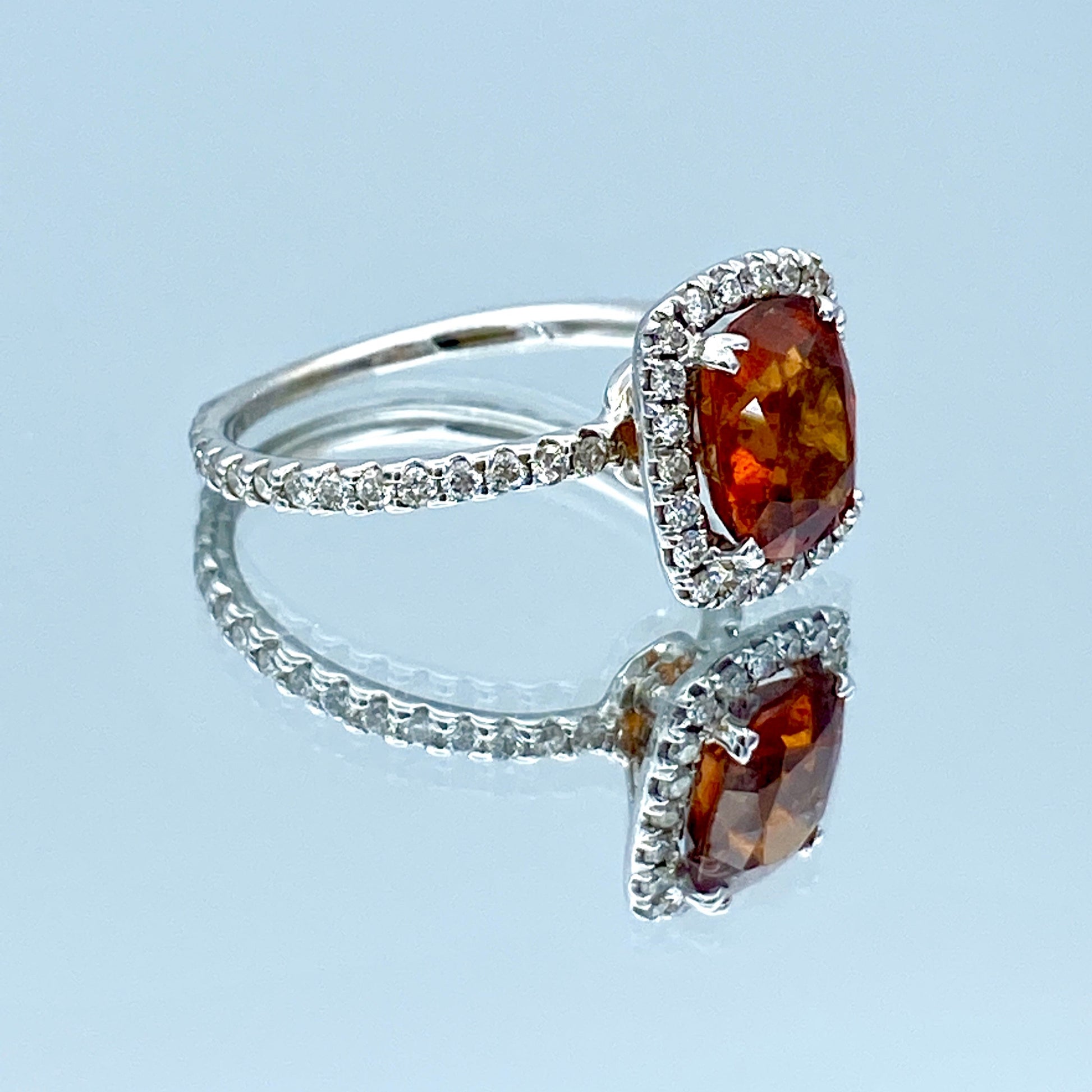 Cushion-Cut Orange Citrine Ring with Diamond Halo in 14K White Gold - L and L Jewelry