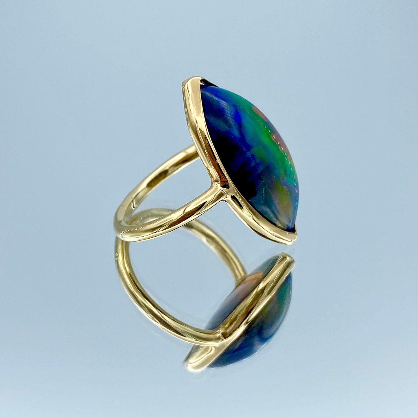 Marquise-Cut Black Opal Ring in 14K Yellow Gold - L and L Jewelry