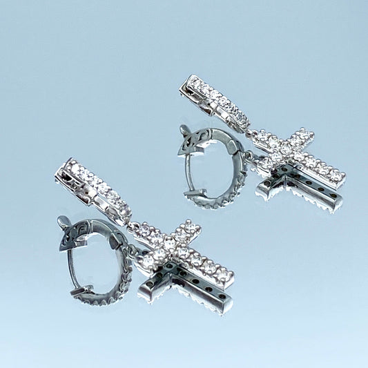 Cross Shape Diamond Drop Earrings in 14K White Gold - L and L Jewelry