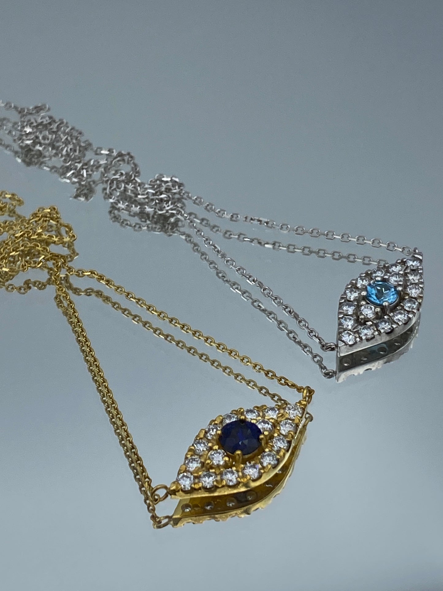 Diamond and Sapphire Evil Eye Pendant Necklace in 14K Yellow Gold - L and L Jewelry