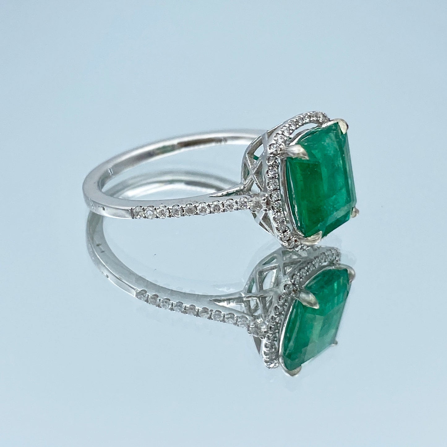 Halo Emerald and Diamond Ring in 14K White Gold - L and L Jewelry