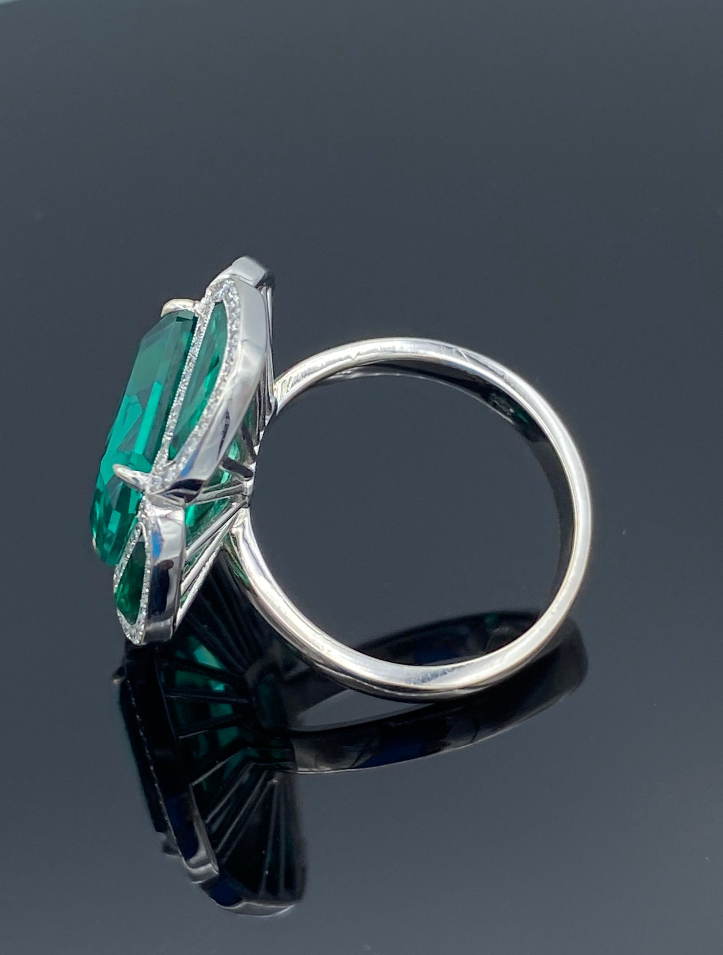 Floral Shape Step-Cut and Half Moon-Cut Emerald and Brilliant-Cut Diamond Ring in 14K White Gold - L and L Jewelry