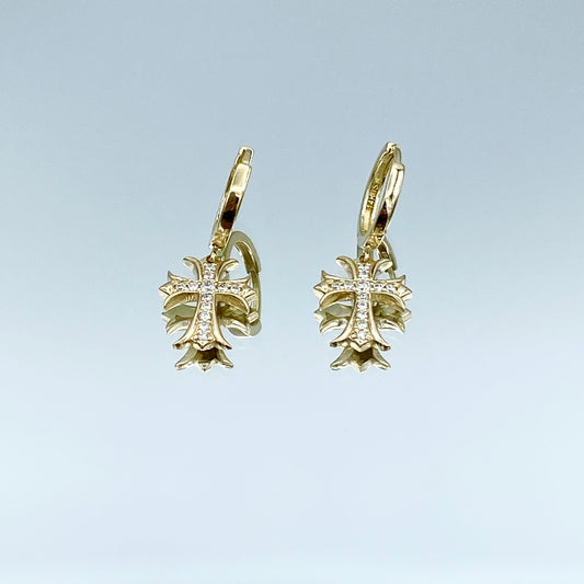 Cross Shape Diamond Drop Earrings in 14K Yellow Gold - L and L Jewelry