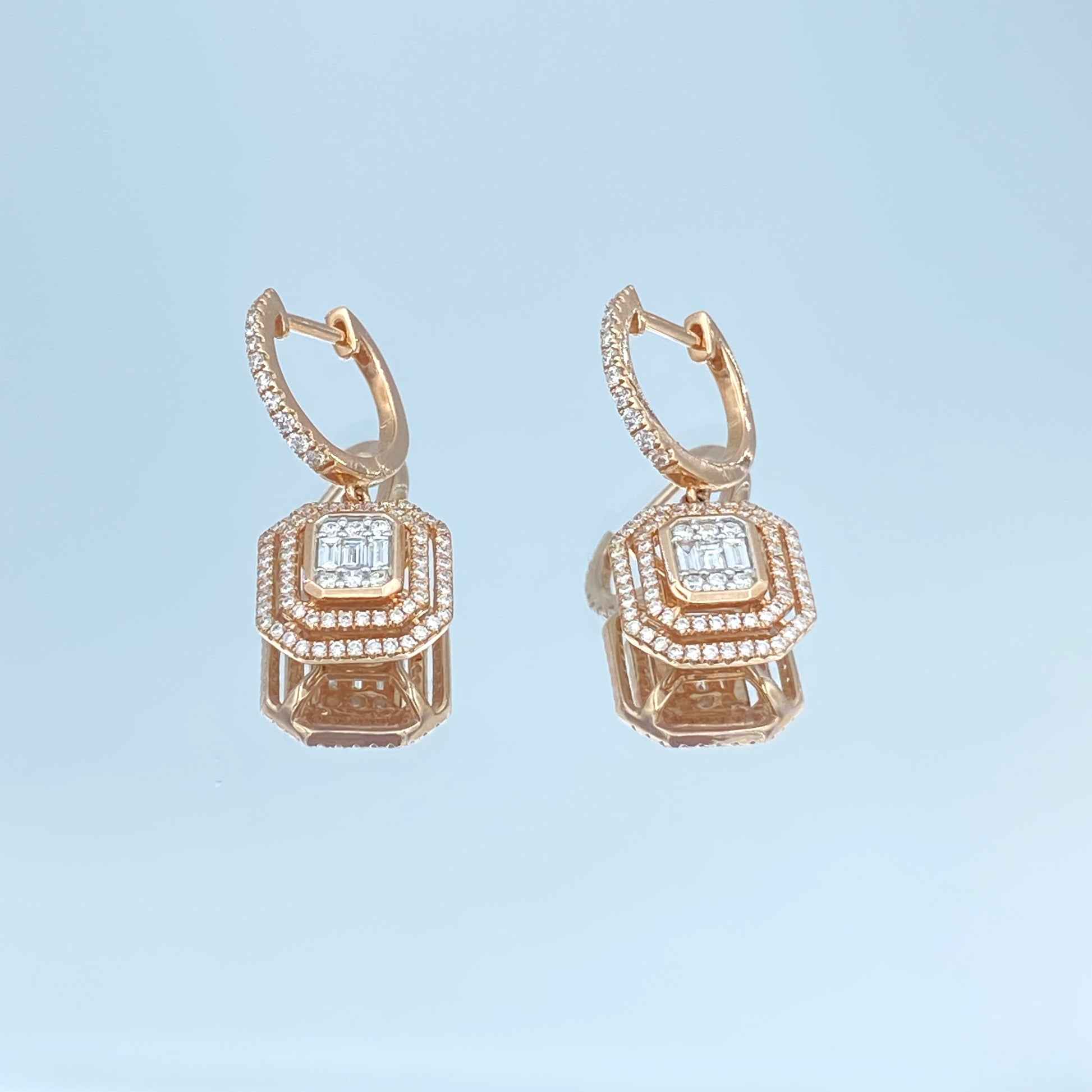 Double Halo Diamond Leverback Drop Earrings in 14k Rose Gold - L and L Jewelry