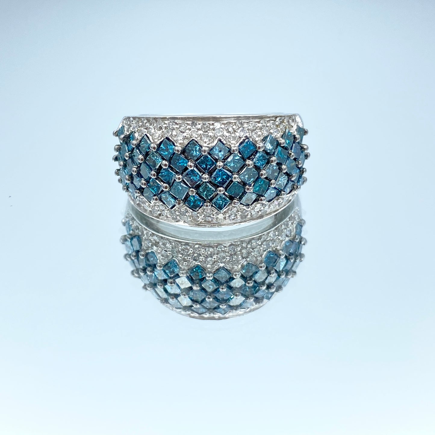 Blue and White Diamond Statement Ring 14K White Gold - L and L Jewelry