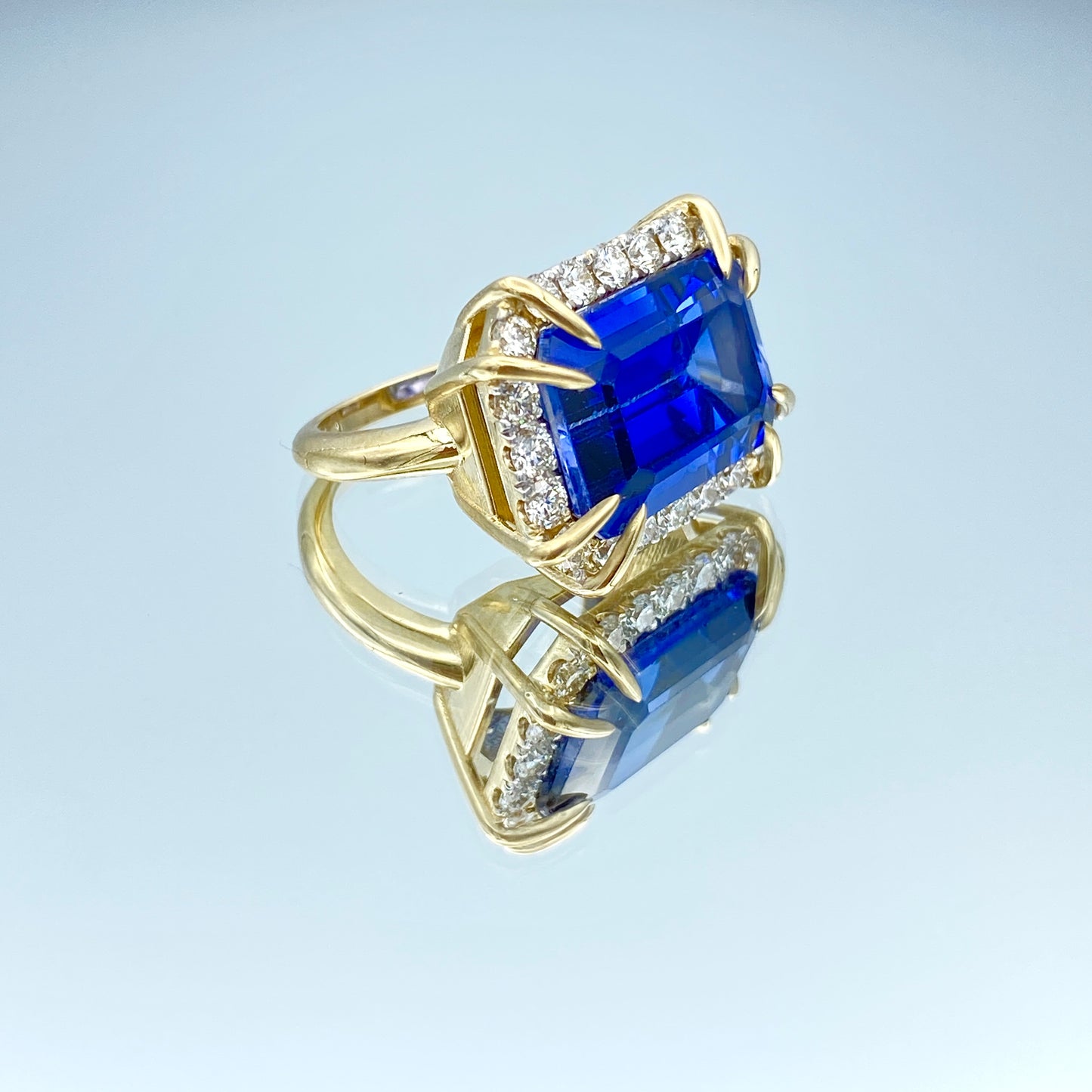 Blue Sapphire Halo Ring in 14K Yellow Gold - L and L Jewelry
