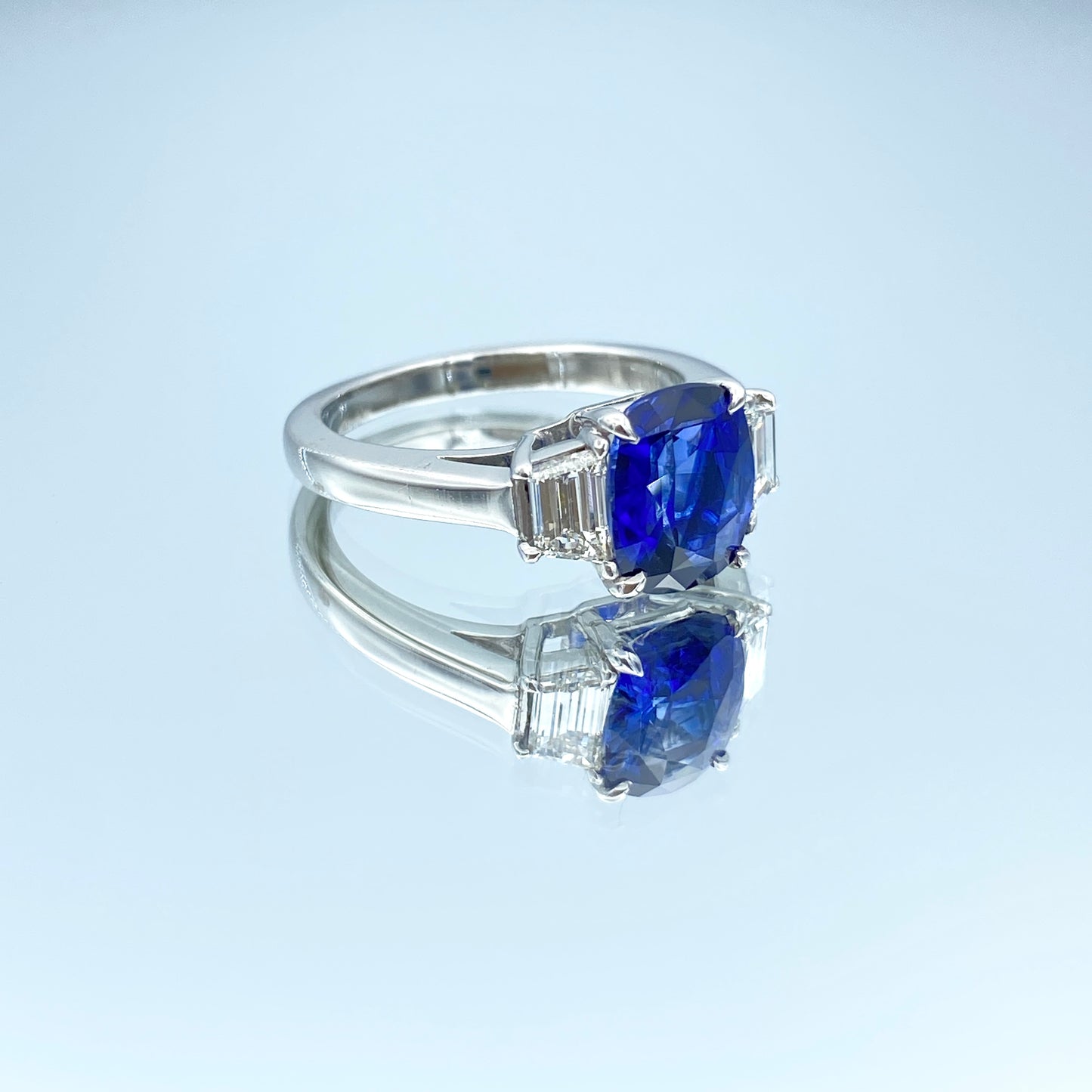 Blue Sapphire and Diamond Three Stone Ring in Platinum - L and L Jewelry