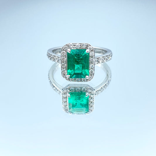 Emerald Ring with Diamond Halo in 14K White Gold - L and L Jewelry