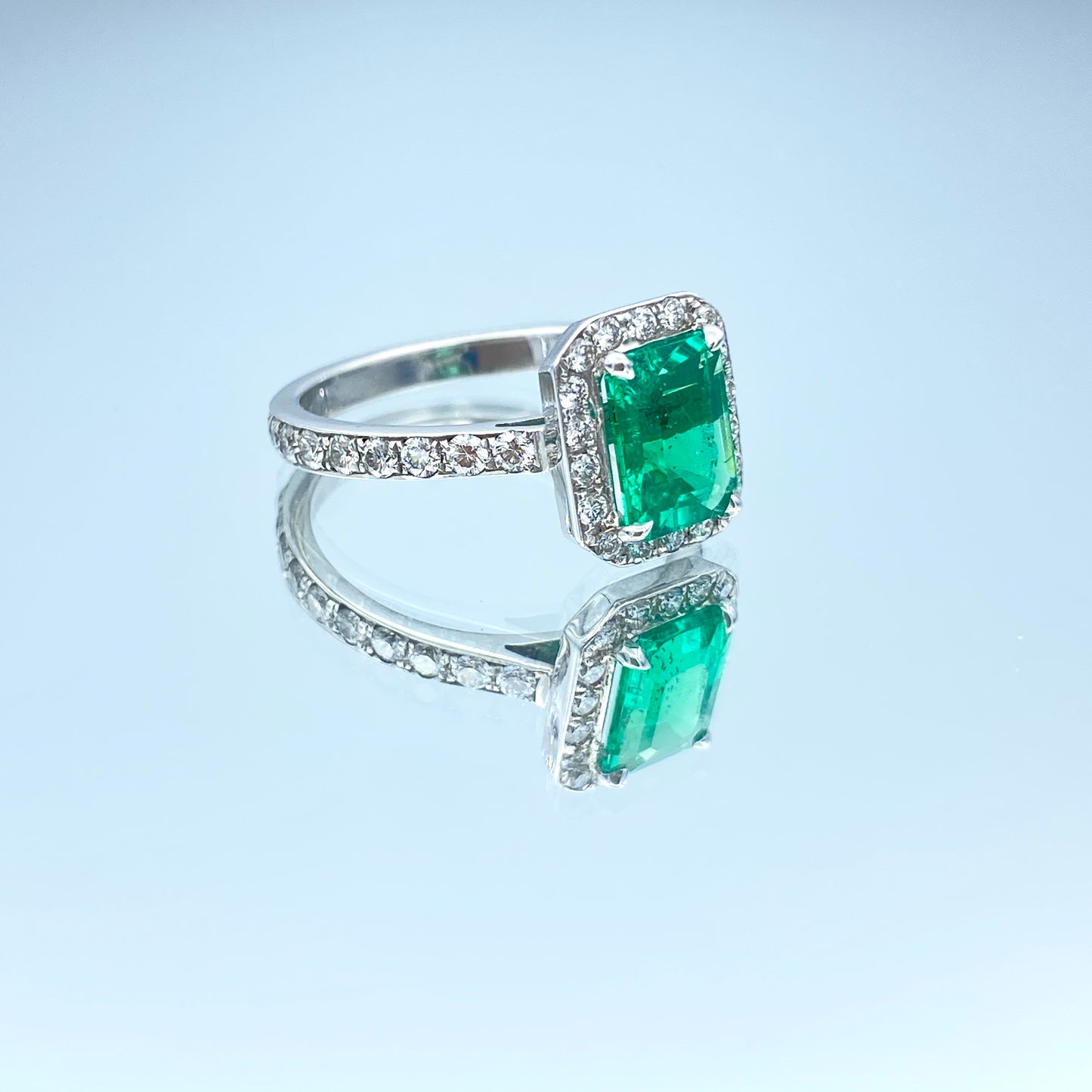 Emerald Ring with Diamond Halo in 14K White Gold - L and L Jewelry