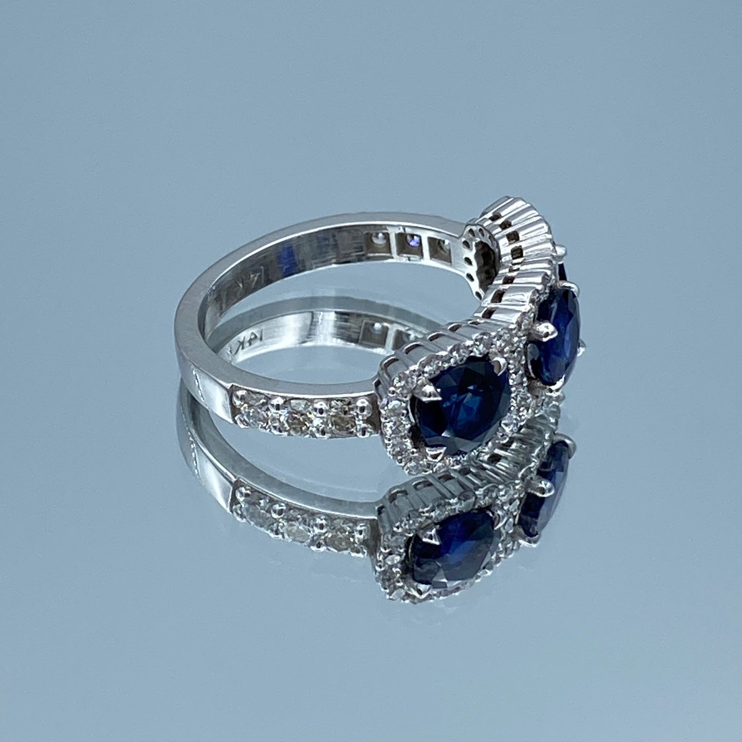 Three Stone Round-Cut Sapphire and Brillant-Cut Diamonds Statement Ring in 14K White Gold - L and L Jewelry