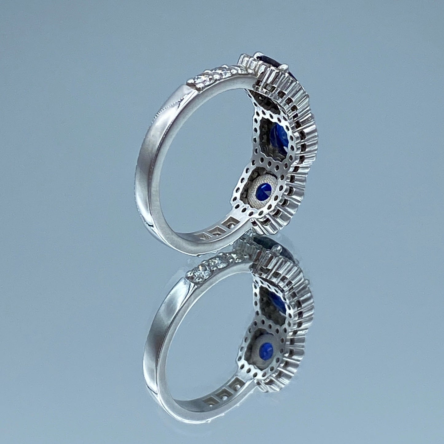 Three Stone Round-Cut Sapphire and Brillant-Cut Diamonds Statement Ring in 14K White Gold - L and L Jewelry