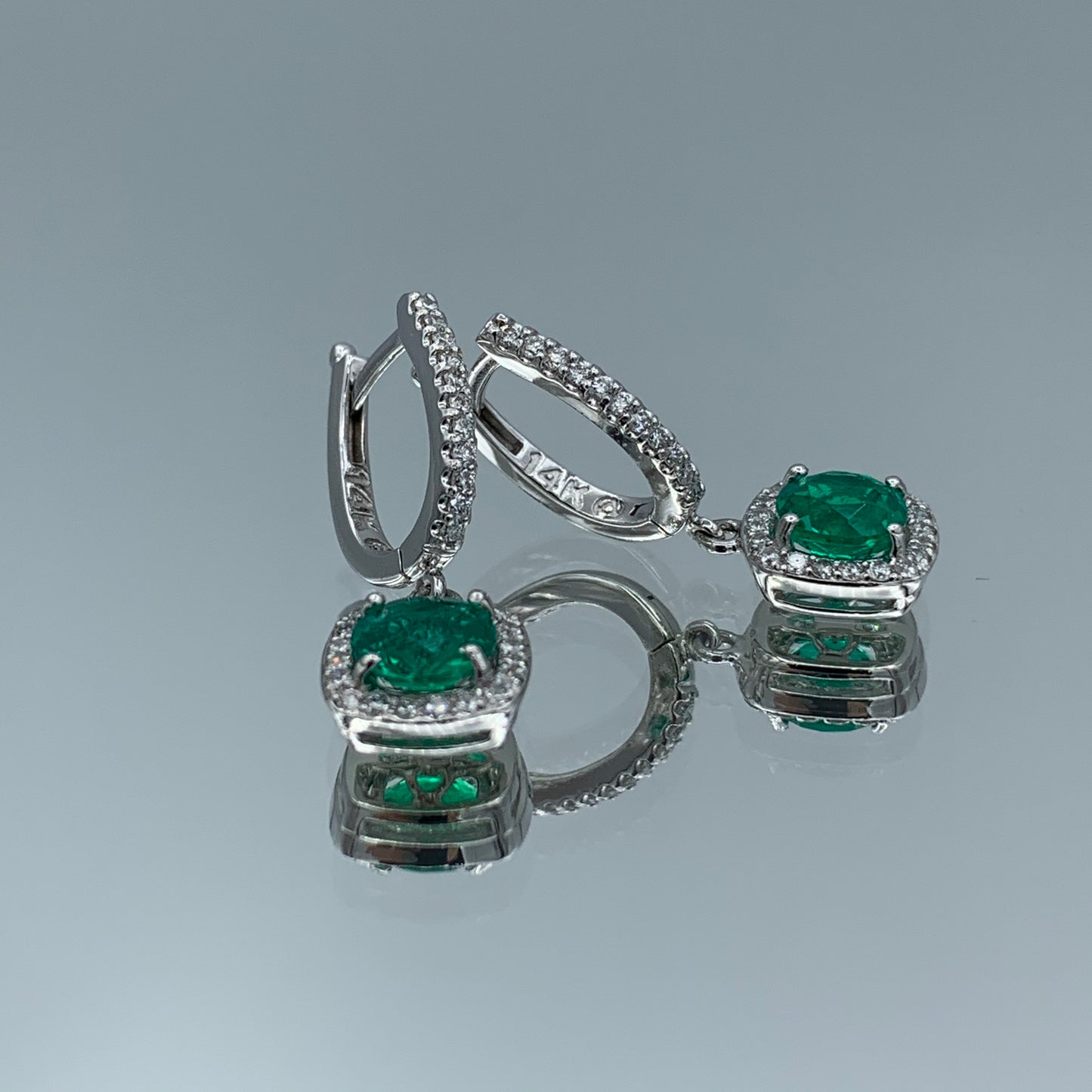 Emerald Drop Earrings with Diamond Halo in 14K White Gold - L and L Jewelry