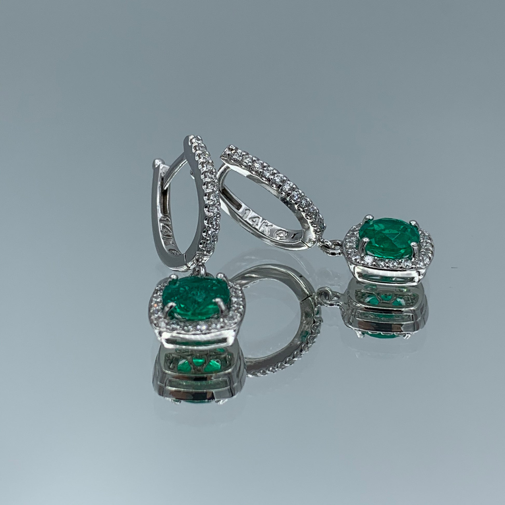 Emerald Drop Earrings with Diamond Halo in 14K White Gold - L and L Jewelry