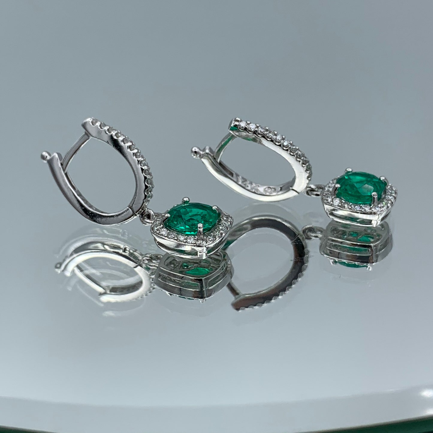 Emerald Drop Earrings with Diamond Halo in 14K White Gold - L and L Jewelry