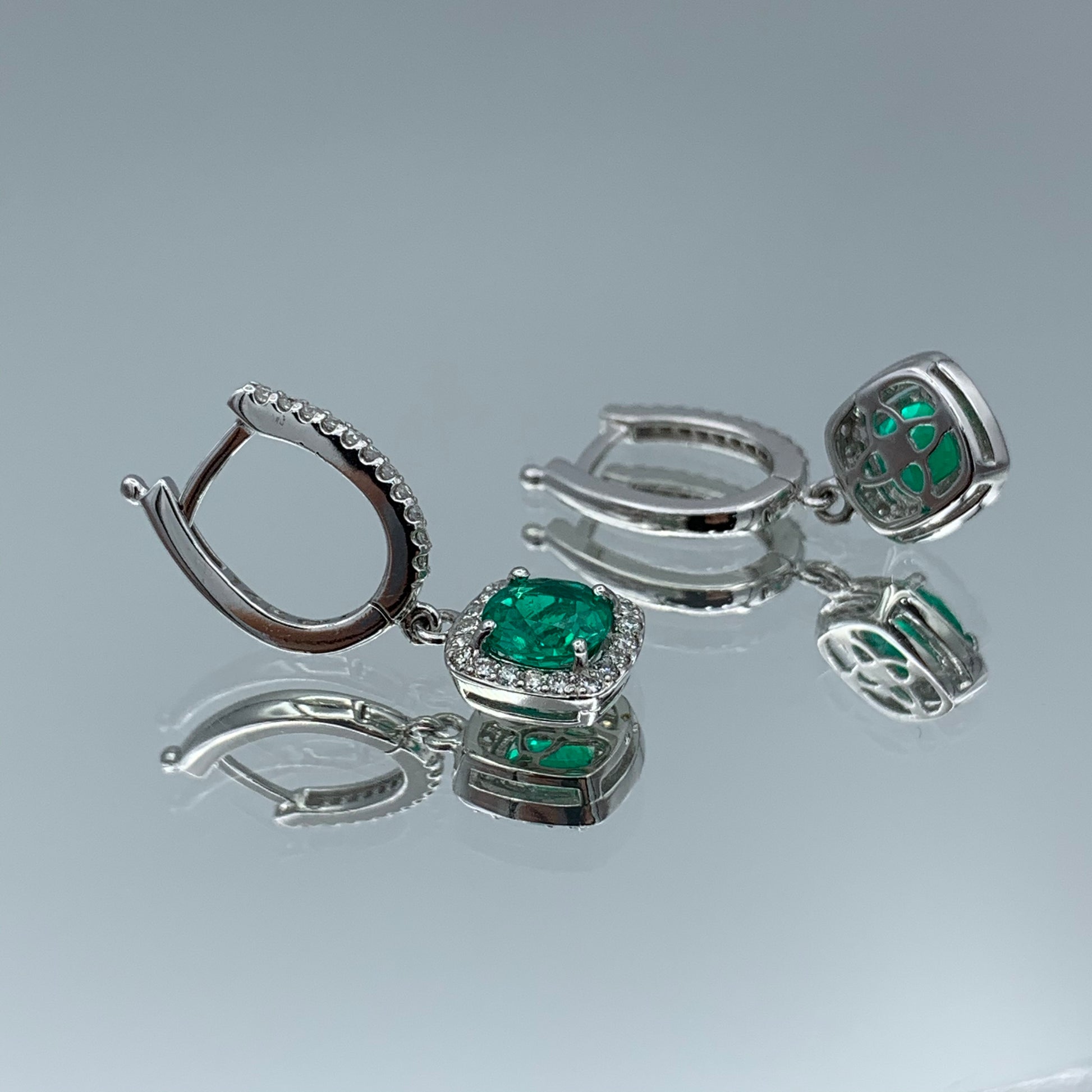 Emerald Drop Earrings with Diamond Halo in 14K White Gold - L and L Jewelry