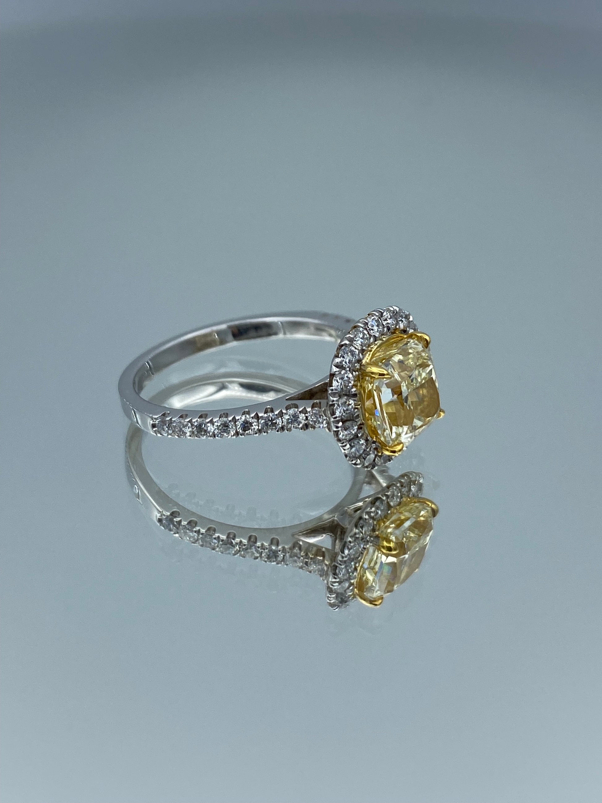 Cushion-Cut Halo Canary Yellow Diamond Engagement Ring in 14K White Gold - L and L Jewelry