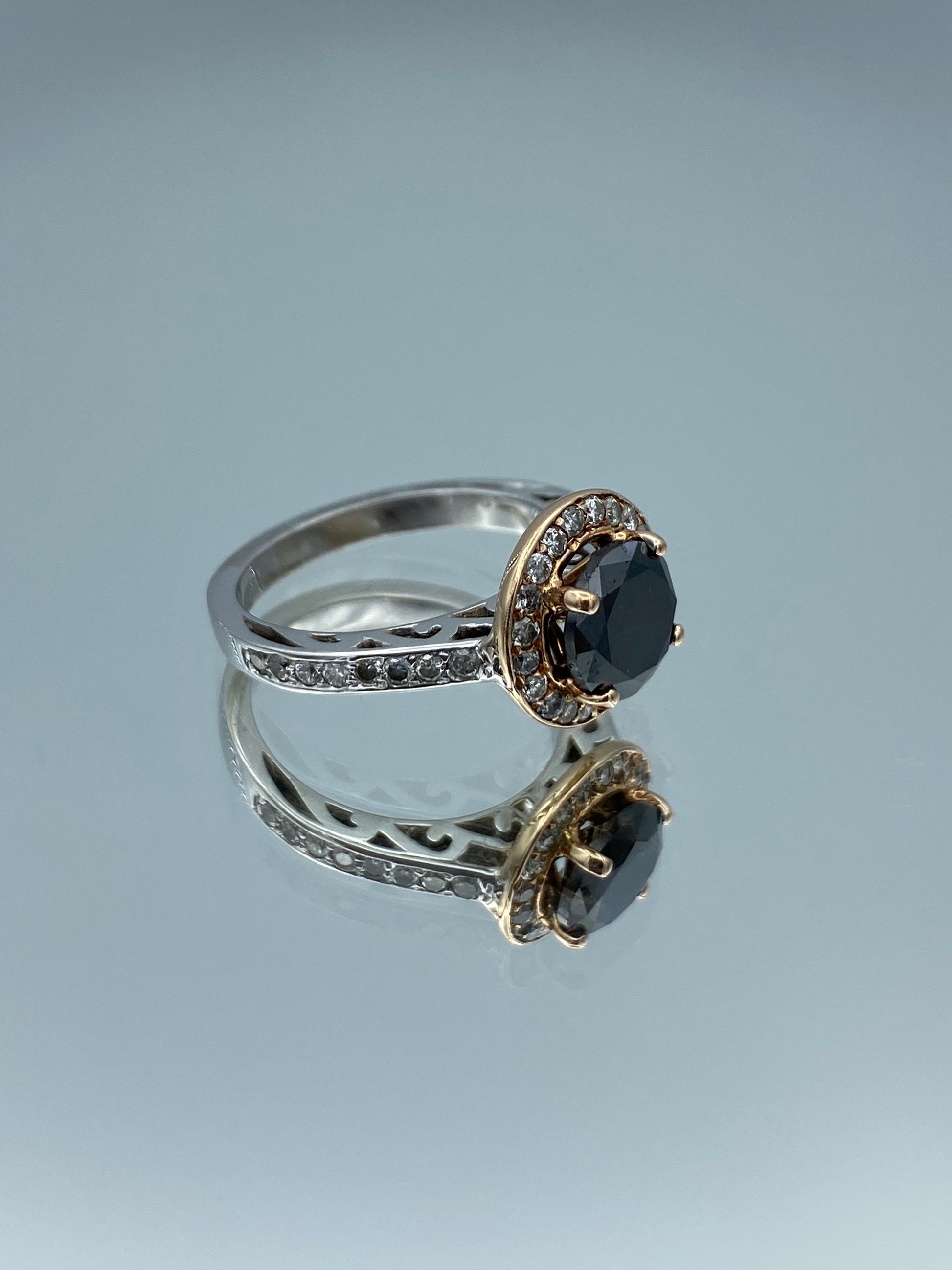 Round-Cut Black Diamond Halo Engagement Ring in 14K White and Rose Gold - L and L Jewelry