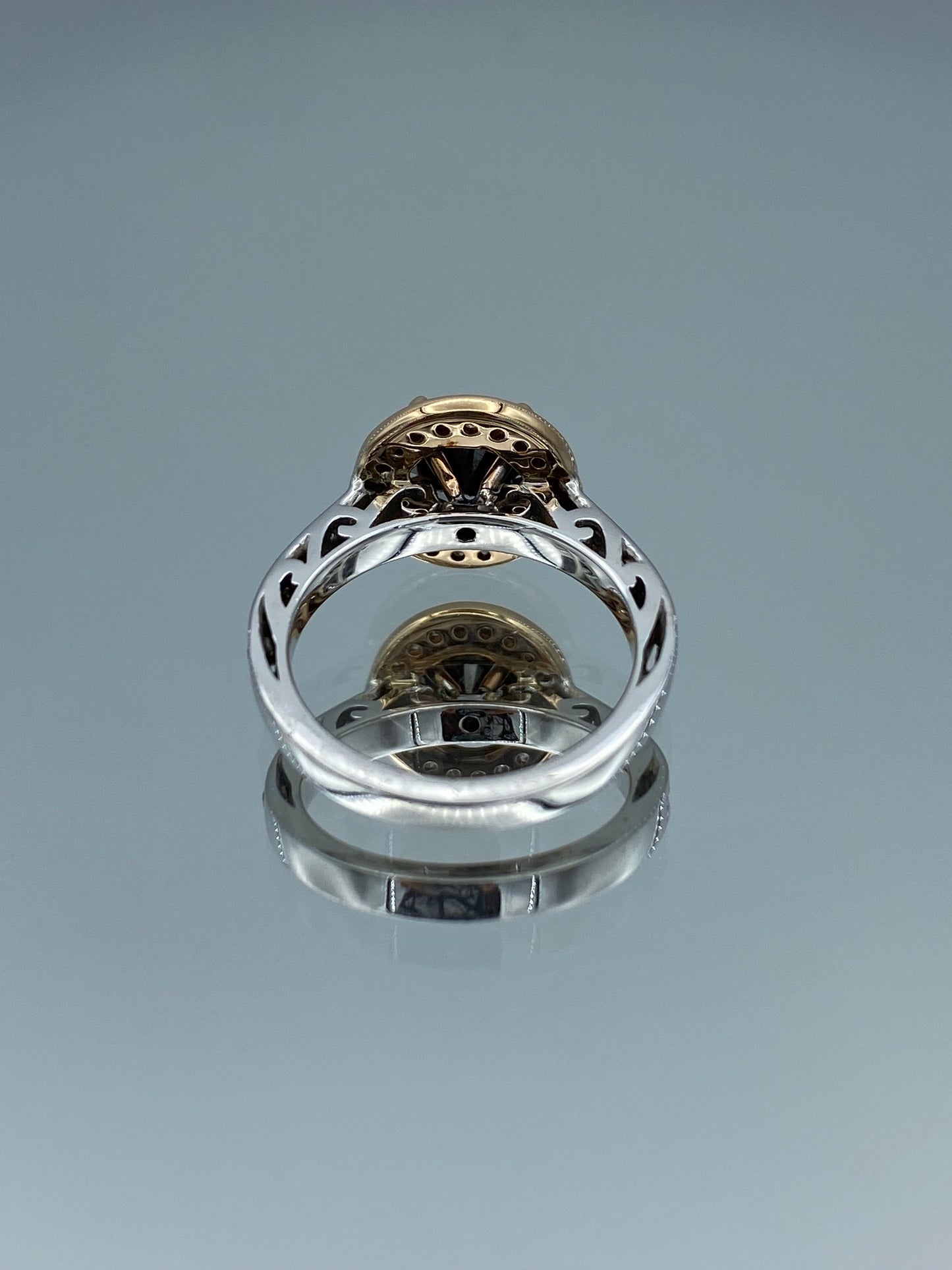 Round-Cut Black Diamond Halo Engagement Ring in 14K White and Rose Gold - L and L Jewelry