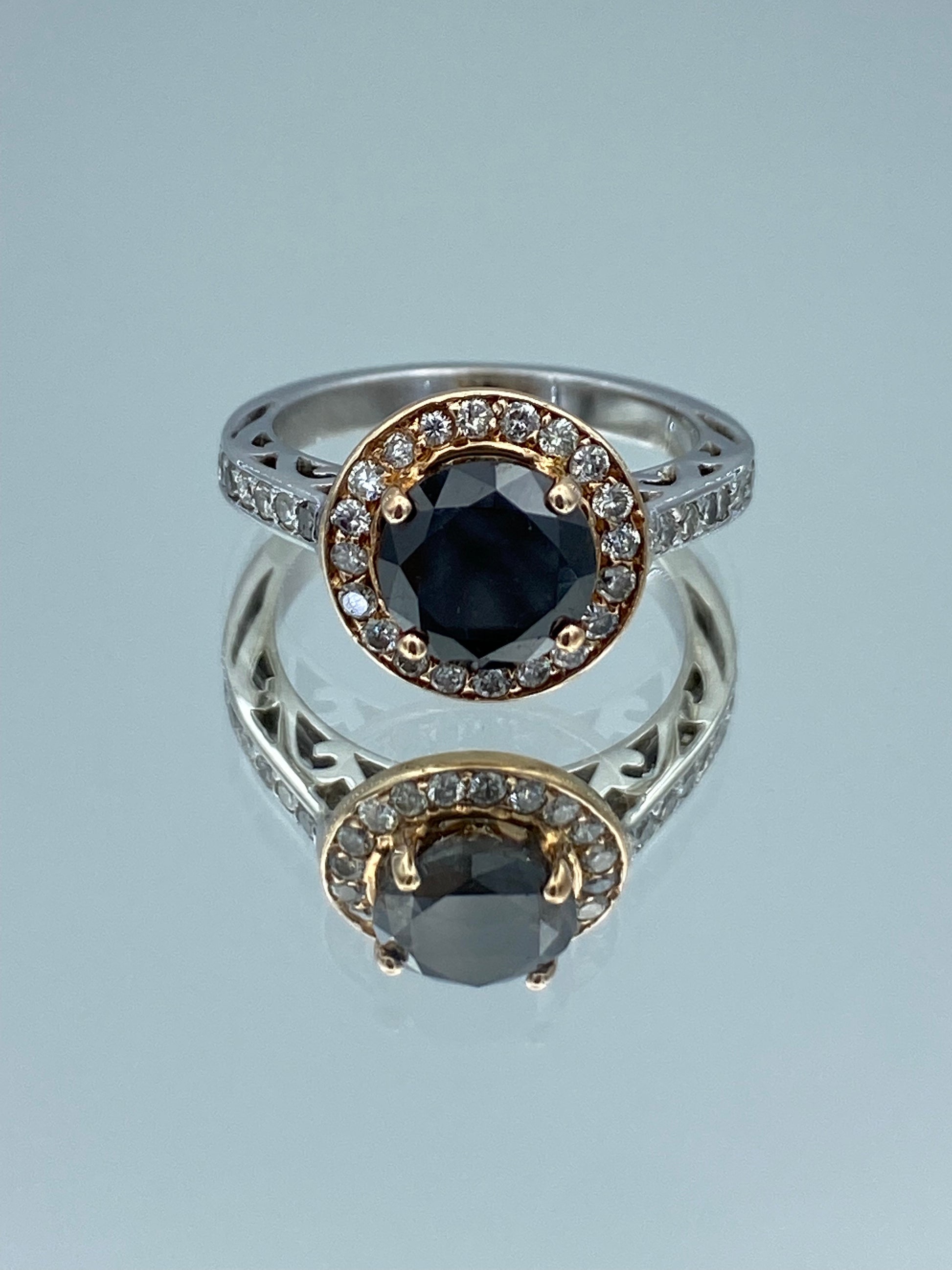 Round-Cut Black Diamond Halo Engagement Ring in 14K White and Rose Gold - L and L Jewelry