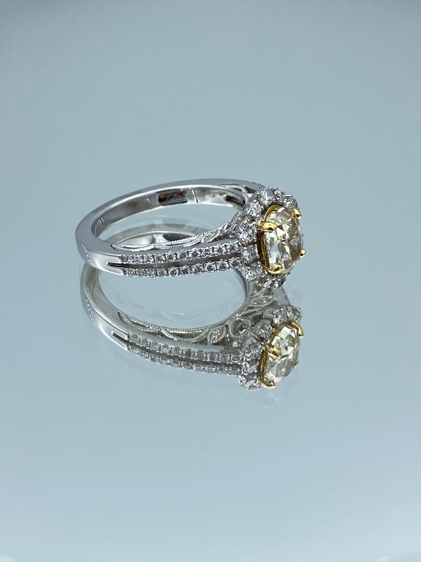 Vintage Look Halo Oval-Cut Yellow Diamond Ring in 18K White Gold - L and L Jewelry