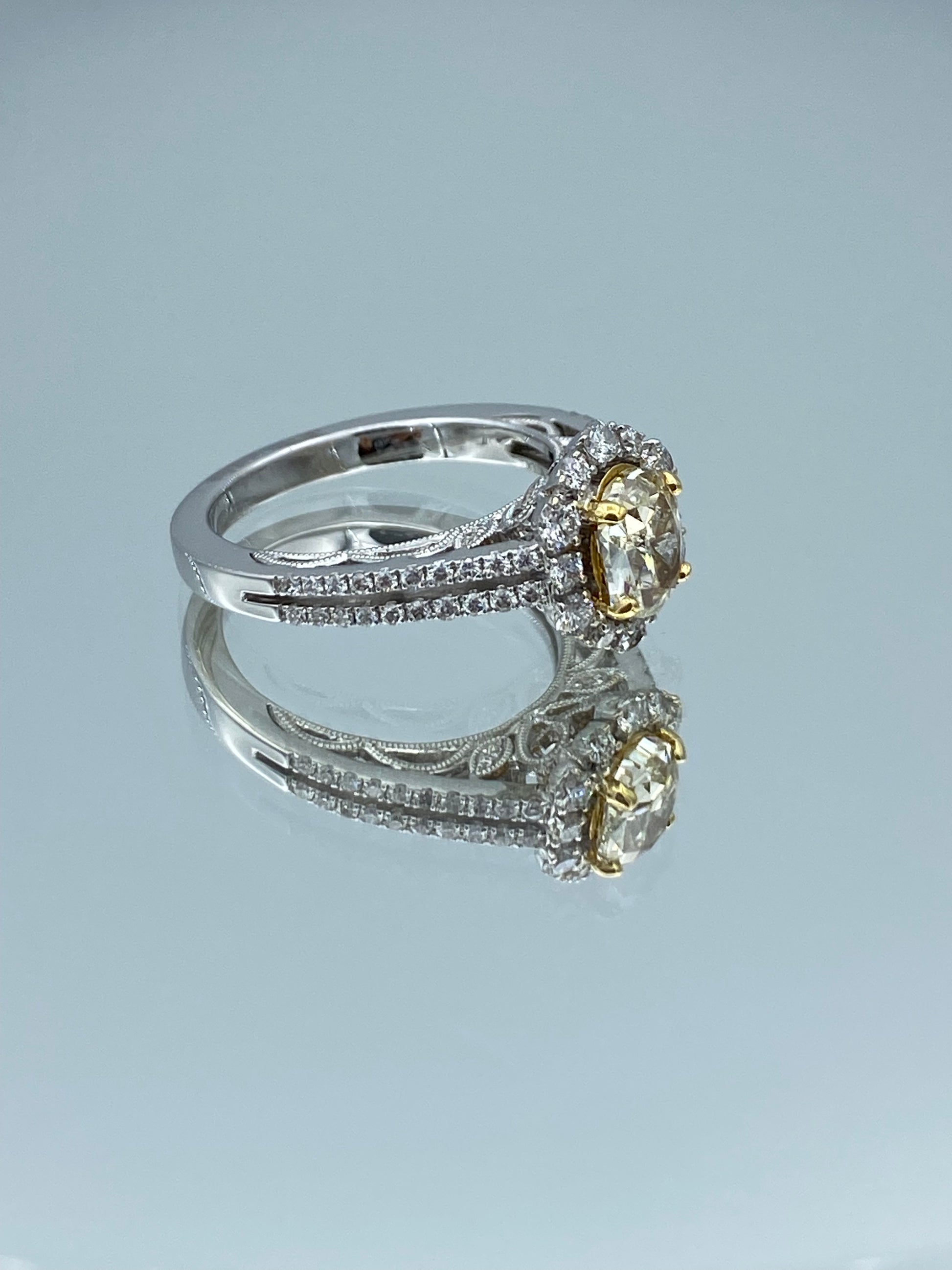 Vintage Look Halo Oval-Cut Yellow Diamond Ring in 18K White Gold - L and L Jewelry