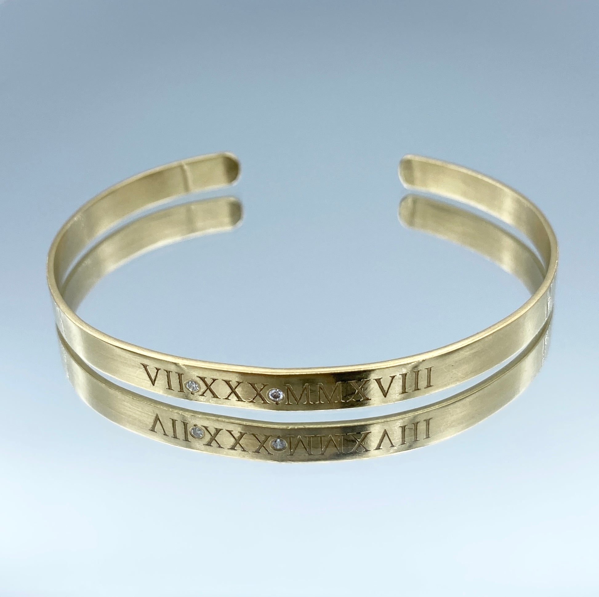 Roman Numeral Cuff Bracelet with a Diamond in 14K Yellow Gold - L and L Jewelry