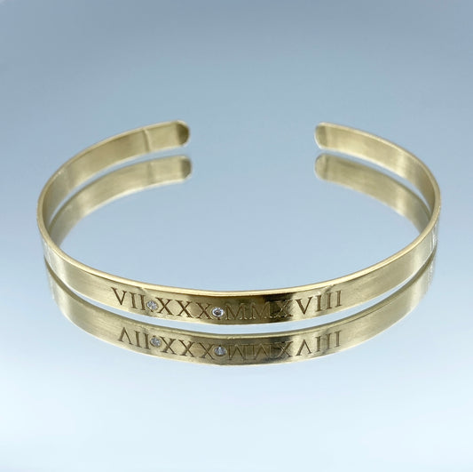 Roman Numeral Cuff Bracelet with a Diamond in 14K Yellow Gold - L and L Jewelry