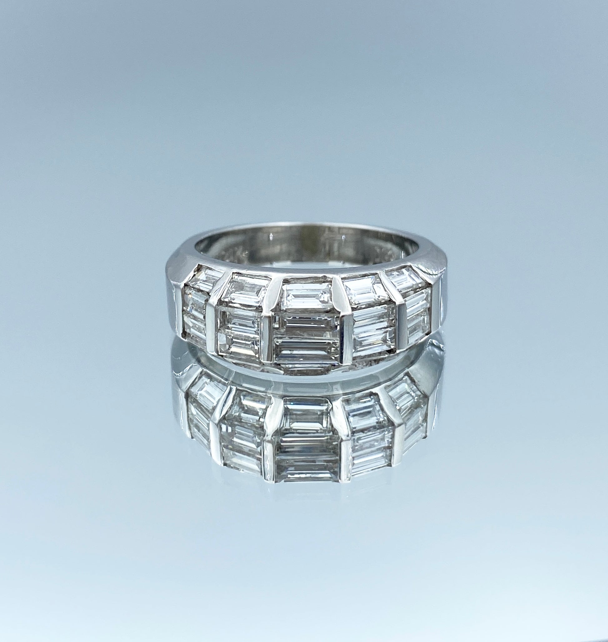 Chanel-Set Baguette-Cut Diamond Statement Ring in 14K White Gold - L and L Jewelry