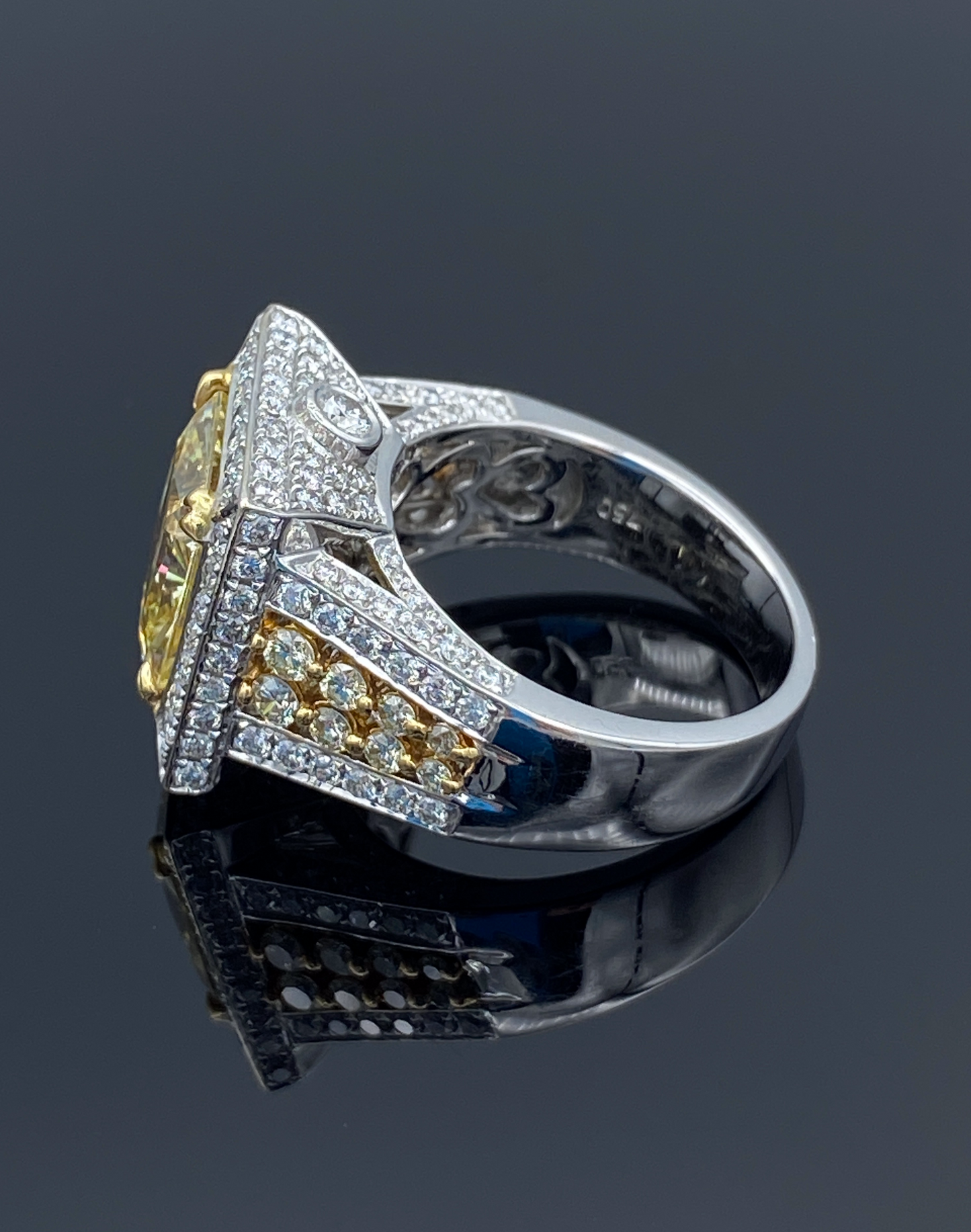 Halo Princess-Cut Yellow Diamond Statement Ring in 18K White Gold - L and L Jewelry