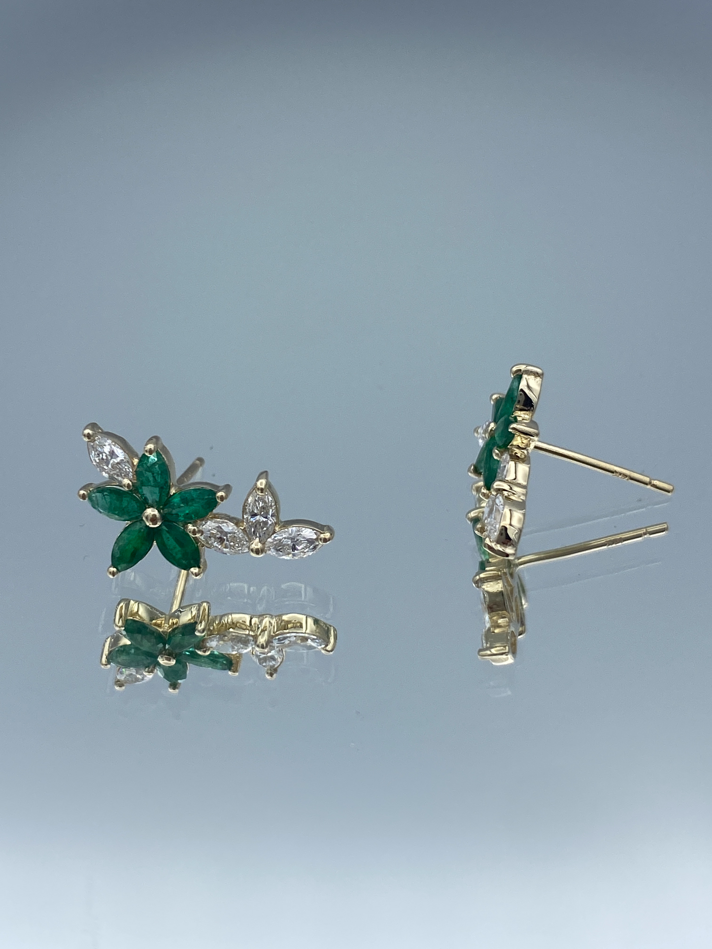 Floral Shape Emerald and Diamond Crawling Earrings in 14K Yellow Gold - L and L Jewelry