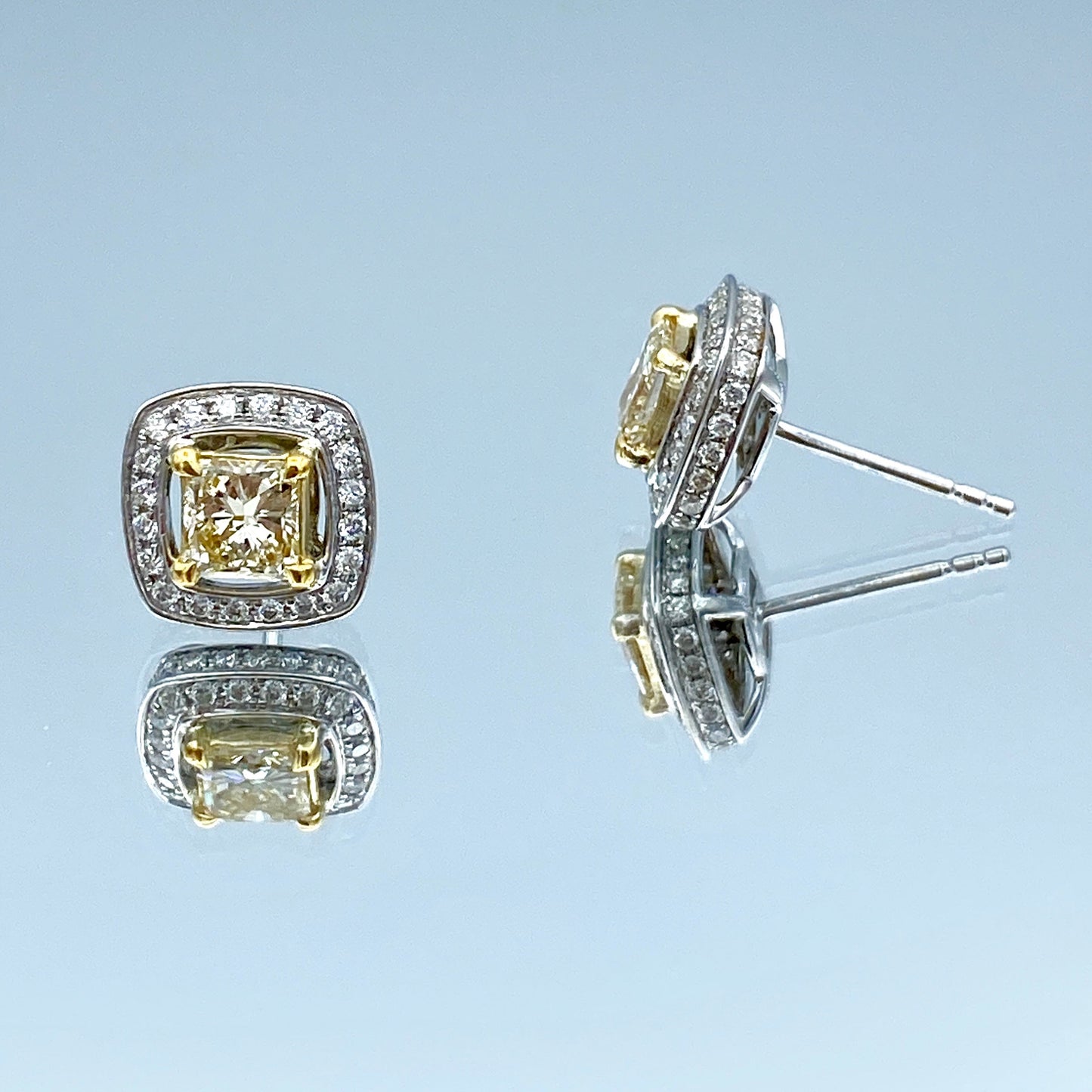 Princess-Cut Yellow Diamond and Round Brilliant-Cut White Diamond Halo Stud Earrings in 14K White Gold - L and L Jewelry