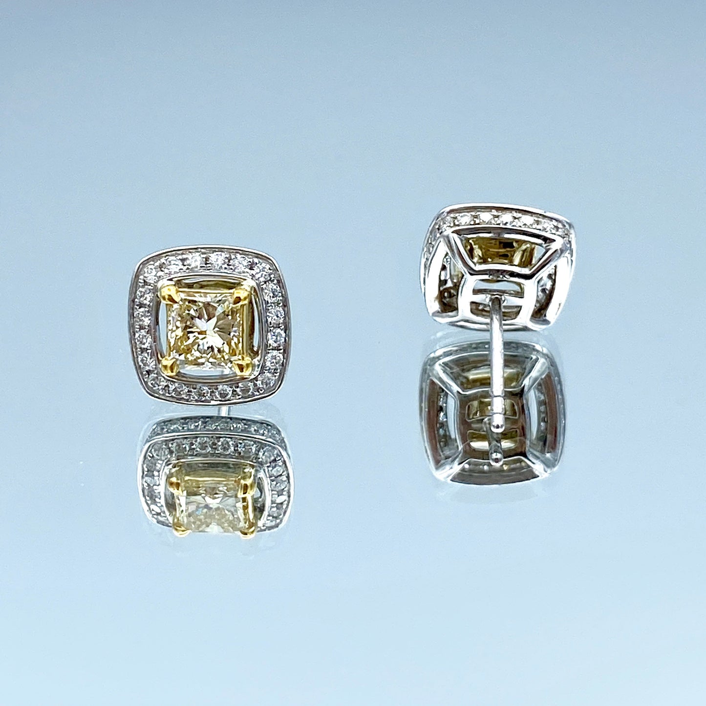 Princess-Cut Yellow Diamond and Round Brilliant-Cut White Diamond Halo Stud Earrings in 14K White Gold - L and L Jewelry