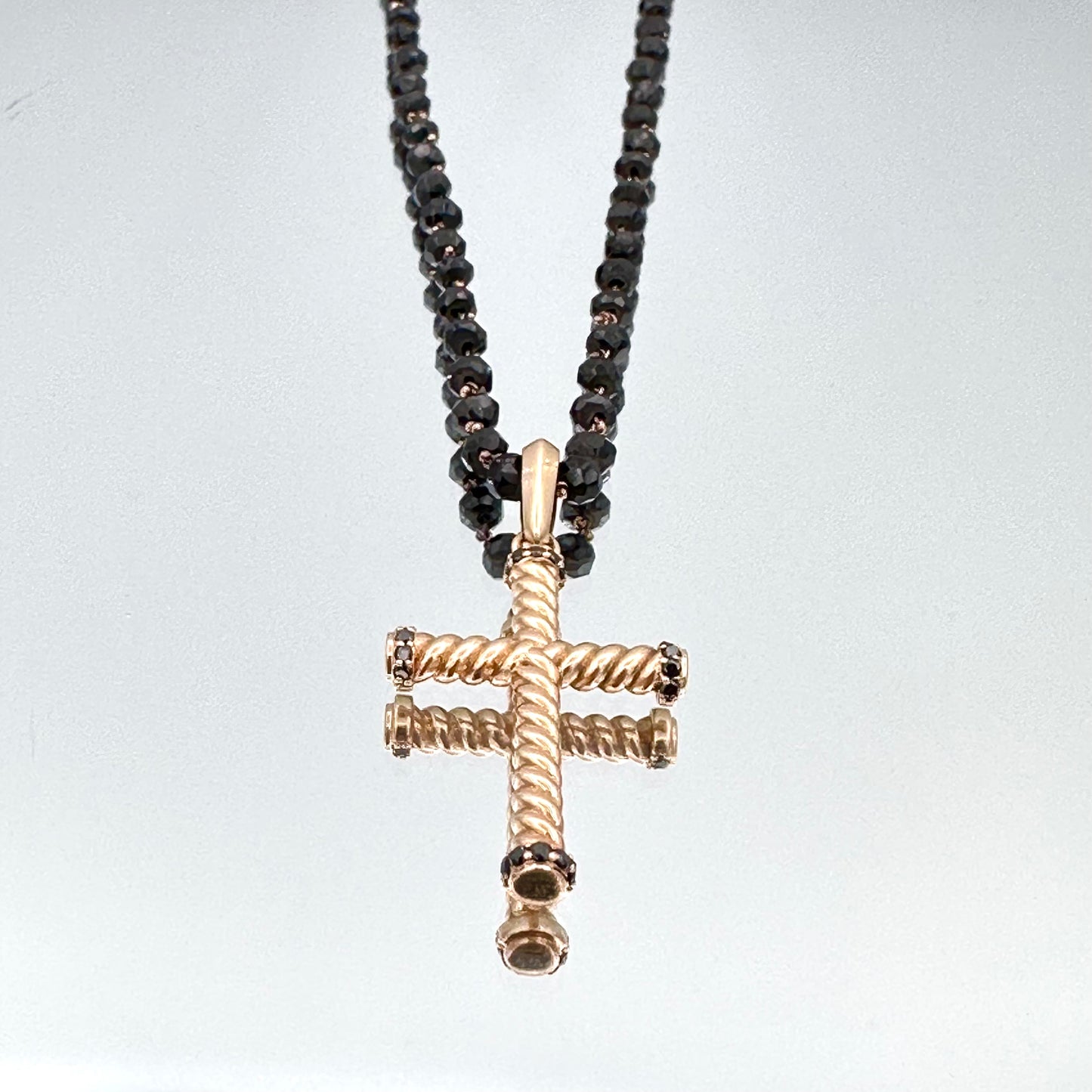 Black Diamond Bead Cross Pendant Necklace in 14K Rose Gold - L and L Jewelry
