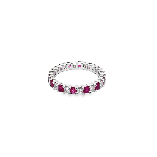 Princess-Cut Ruby and Diamond Eternity Ring in 14K White Gold